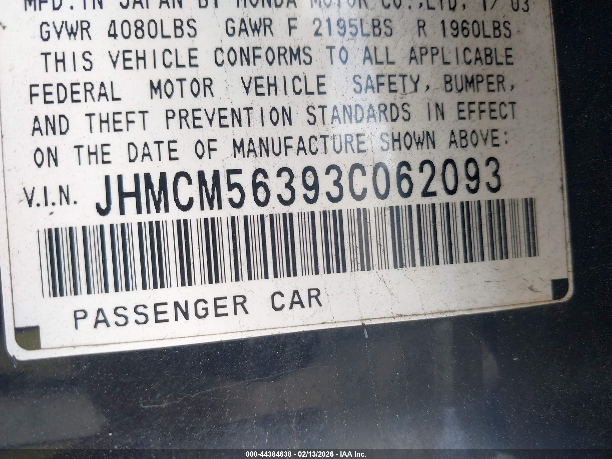 2003 Honda Accord 2.4 Lx Black vin: JHMCM56393C062093