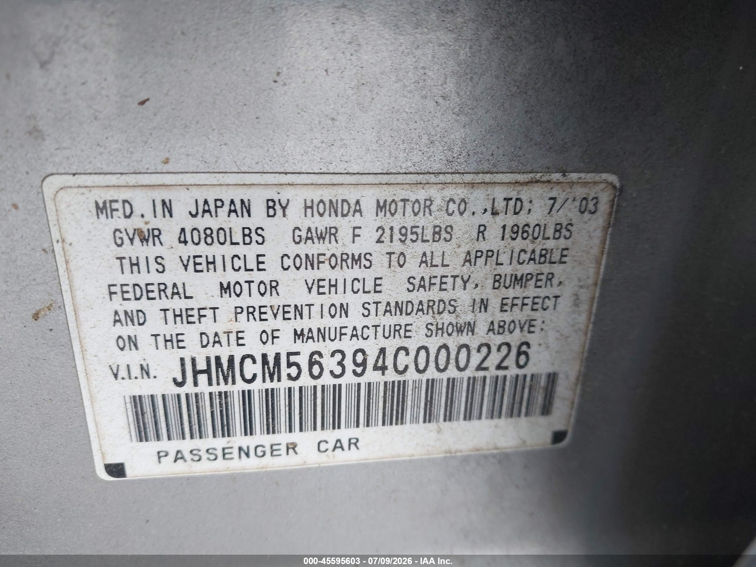 2004 Honda Accord 2.4 Lx Silver vin: JHMCM56394C000226