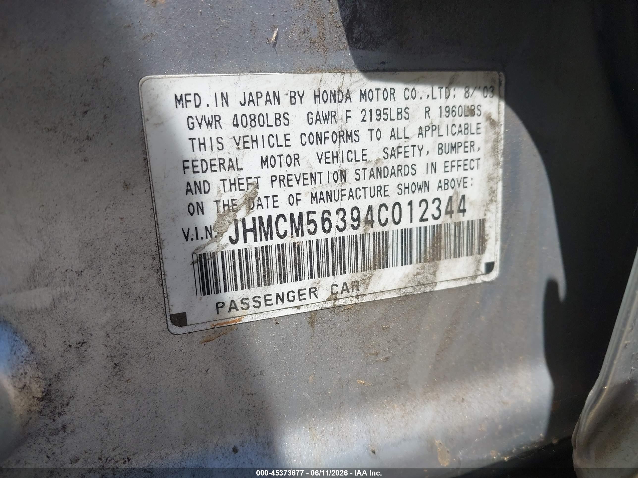2004 Honda Accord 2.4 Lx Silver vin: JHMCM56394C012344