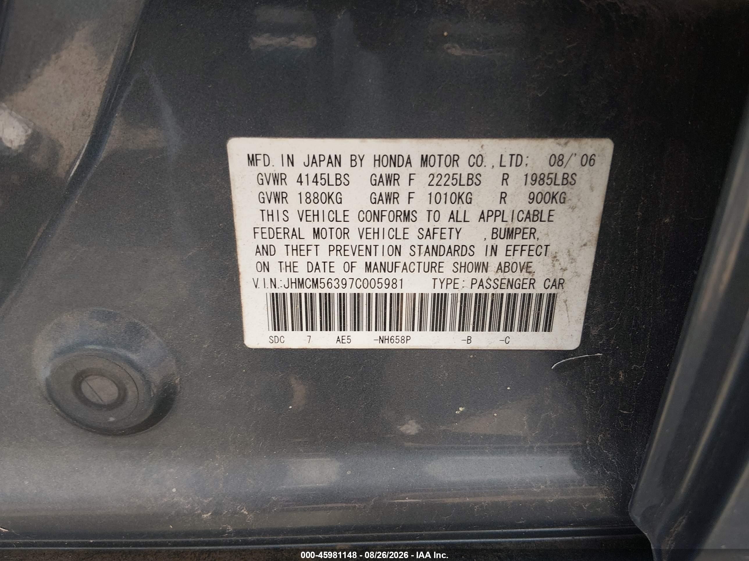 2007 Honda Accord 2.4 Se Gray vin: JHMCM56397C005981