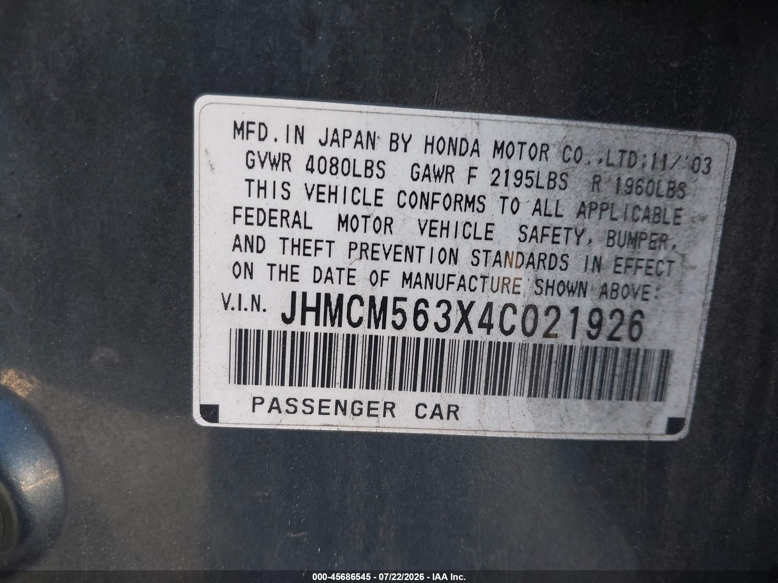 2004 Honda Accord 2.4 Lx Green vin: JHMCM563X4C021926