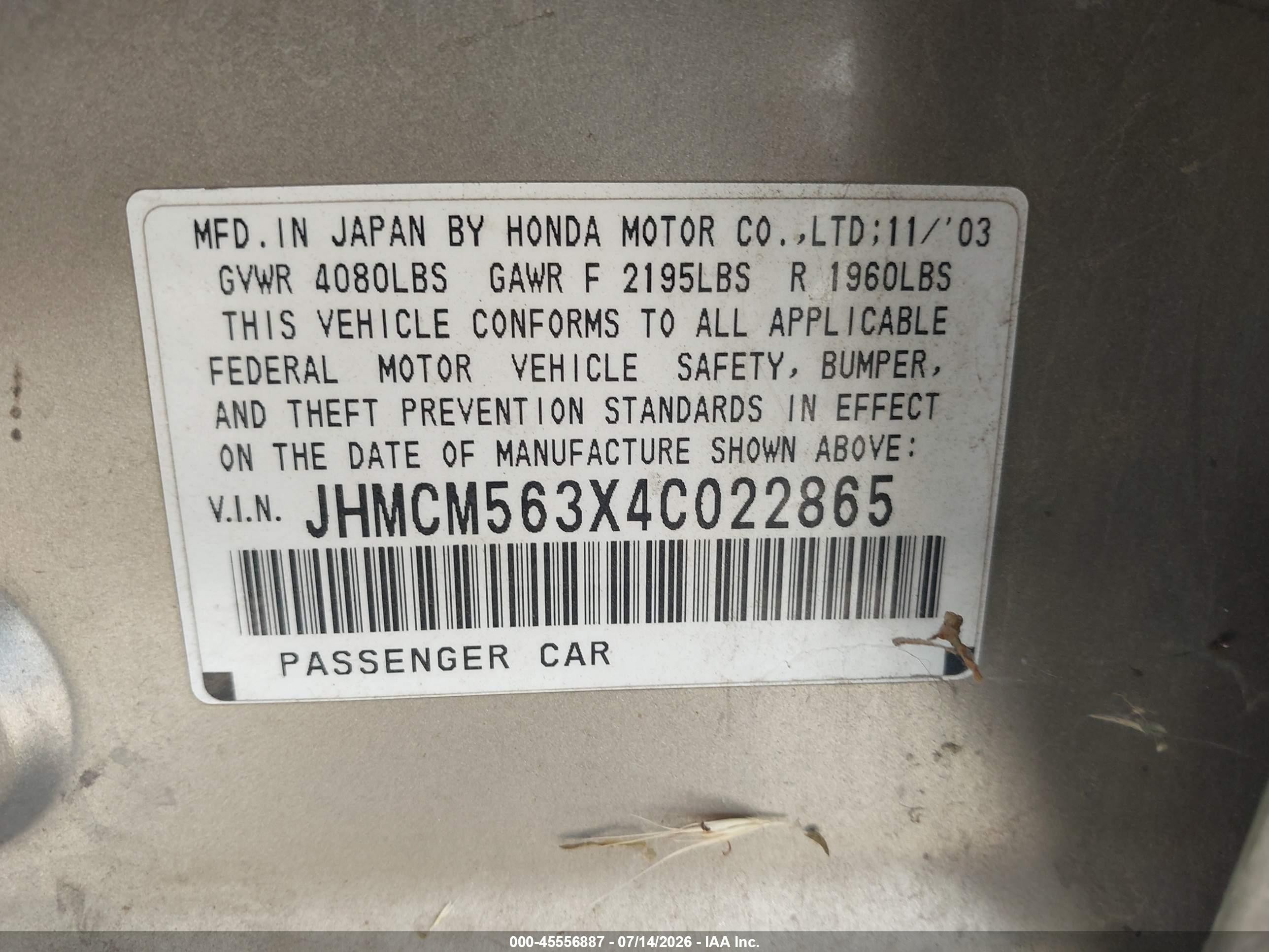 2004 Honda Accord 2.4 Lx Gold vin: JHMCM563X4C022865