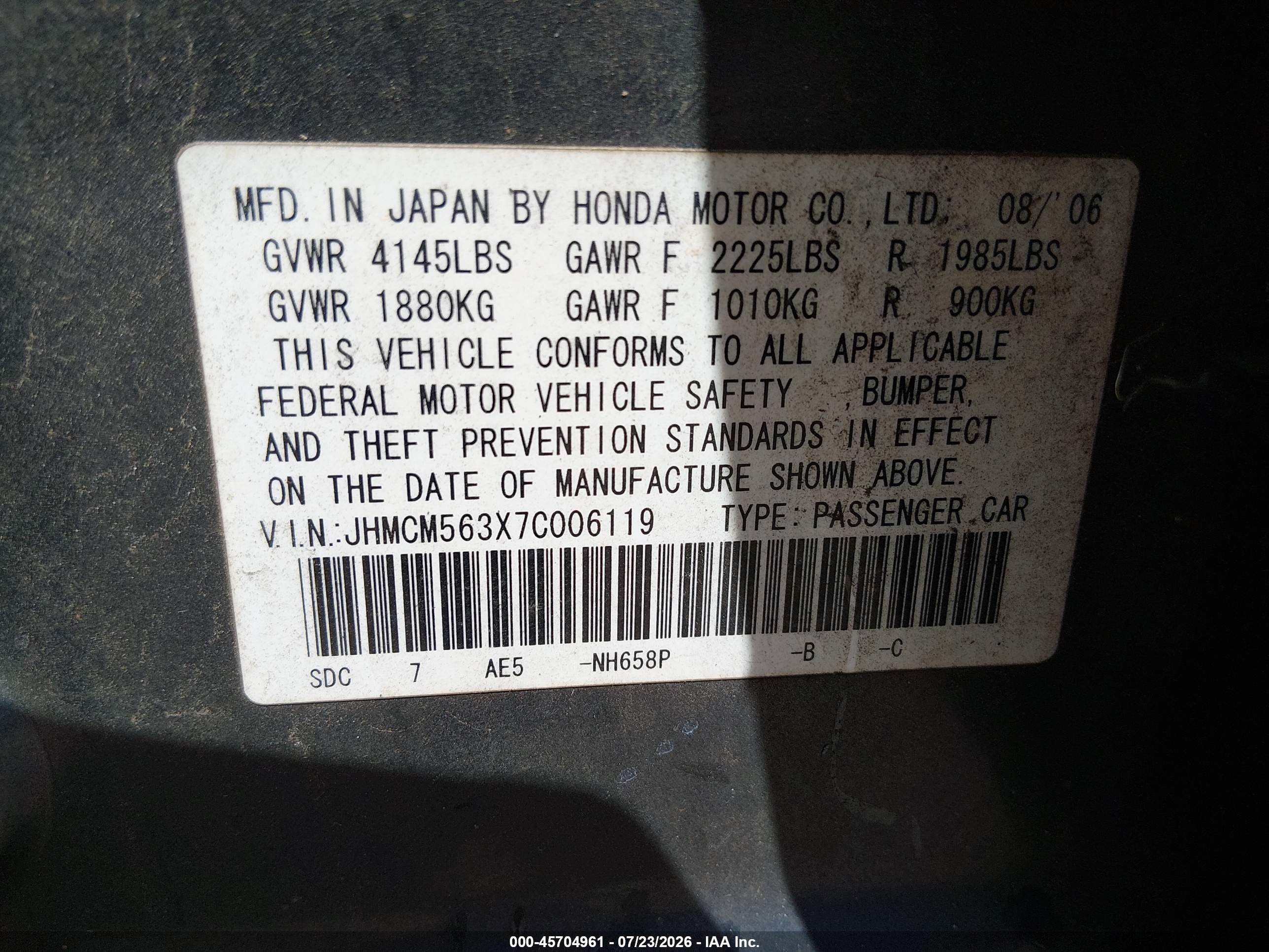 2007 Honda Accord 2.4 Se Gray vin: JHMCM563X7C006119