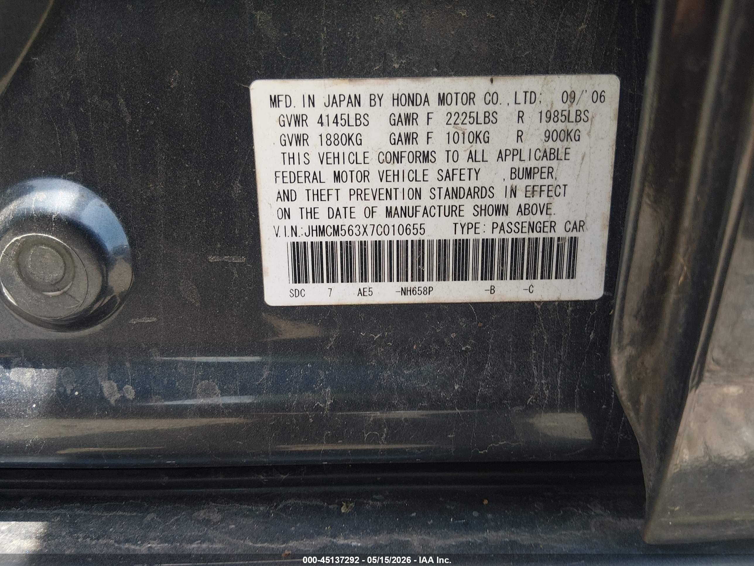 2007 Honda Accord 2.4 Se Gray vin: JHMCM563X7C010655