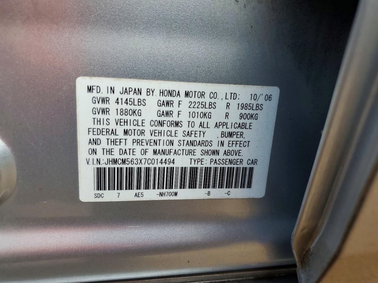 2007 Honda Accord Se Silver vin: JHMCM563X7C014494