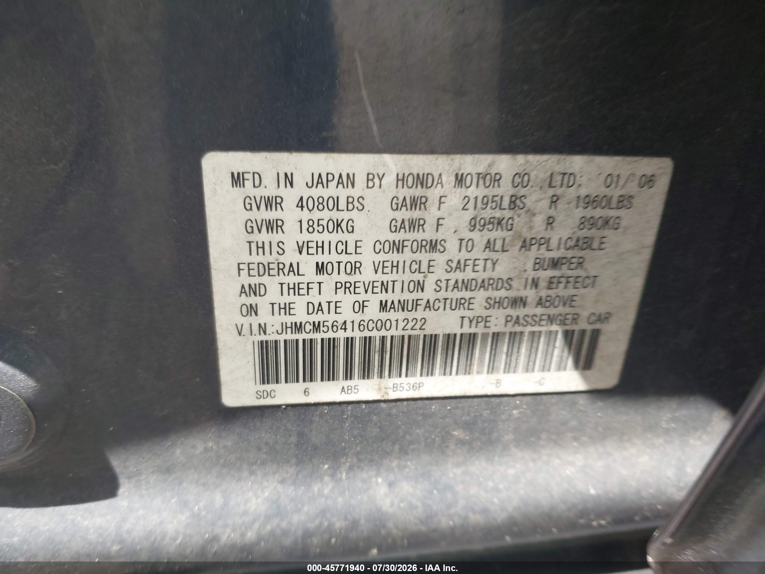 2006 Honda Accord 2.4 Lx Blue vin: JHMCM56416C001222