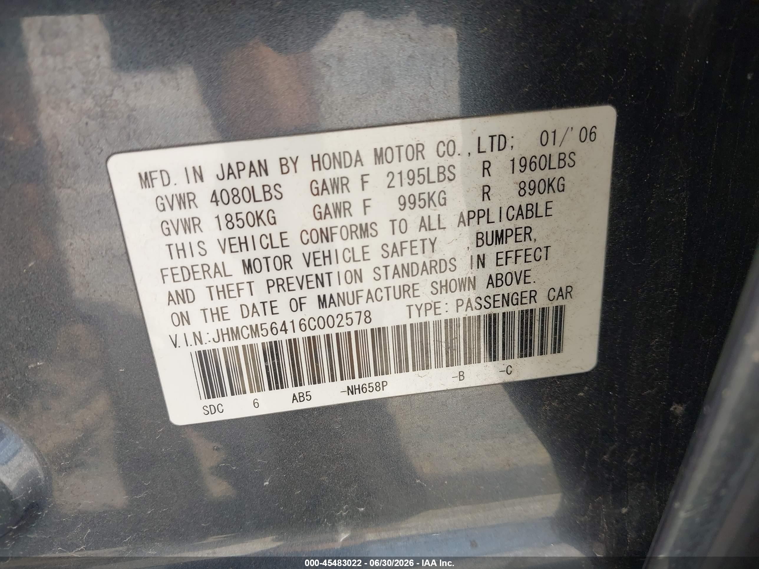 2006 Honda Accord 2.4 Lx Blue vin: JHMCM56416C002578
