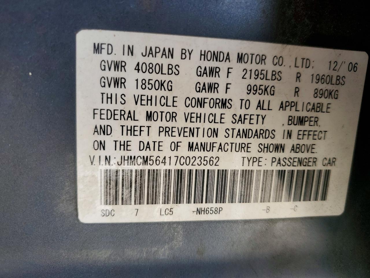 2007 Honda Accord Lx Gray vin: JHMCM56417C023562