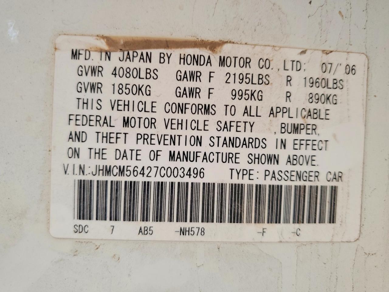2007 Honda Accord Lx White vin: JHMCM56427C003496