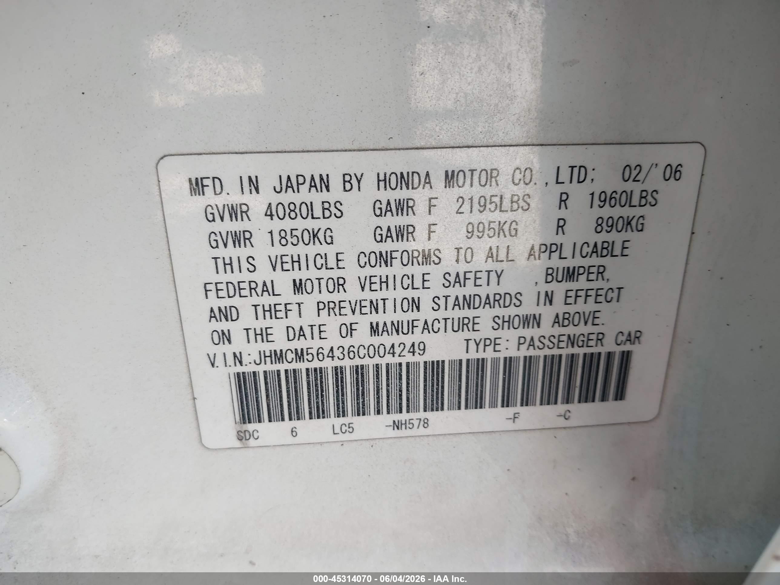 2006 Honda Accord 2.4 Lx White vin: JHMCM56436C004249