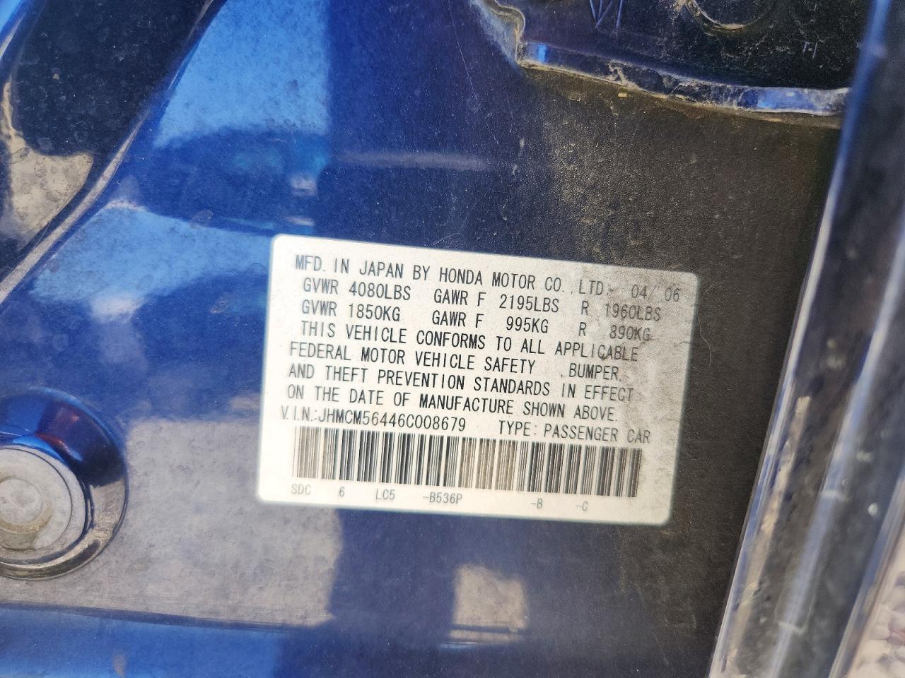 2006 Honda Accord Lx Blue vin: JHMCM56446C008679