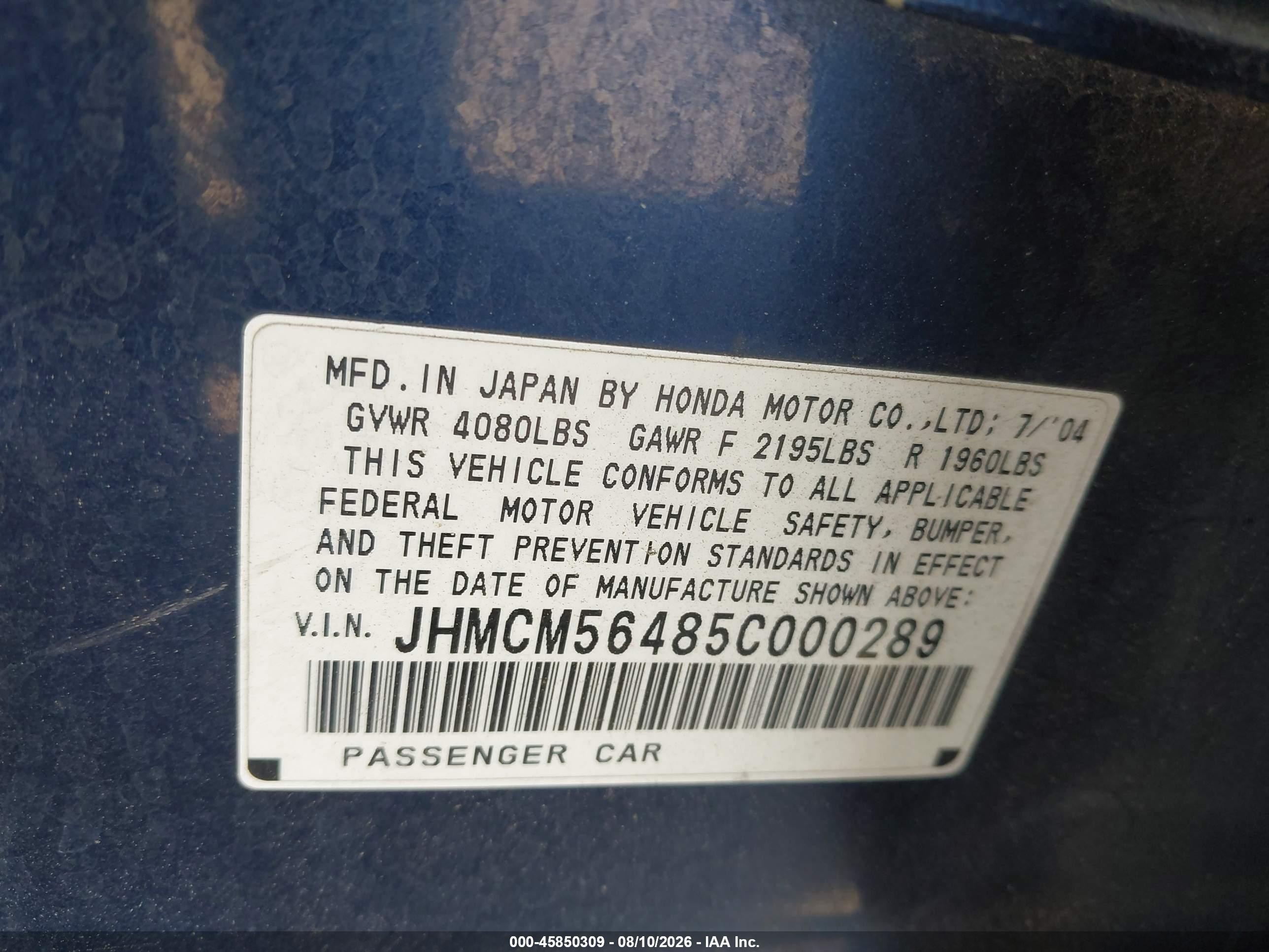 2005 Honda Accord 2.4 Lx Blue vin: JHMCM56485C000289