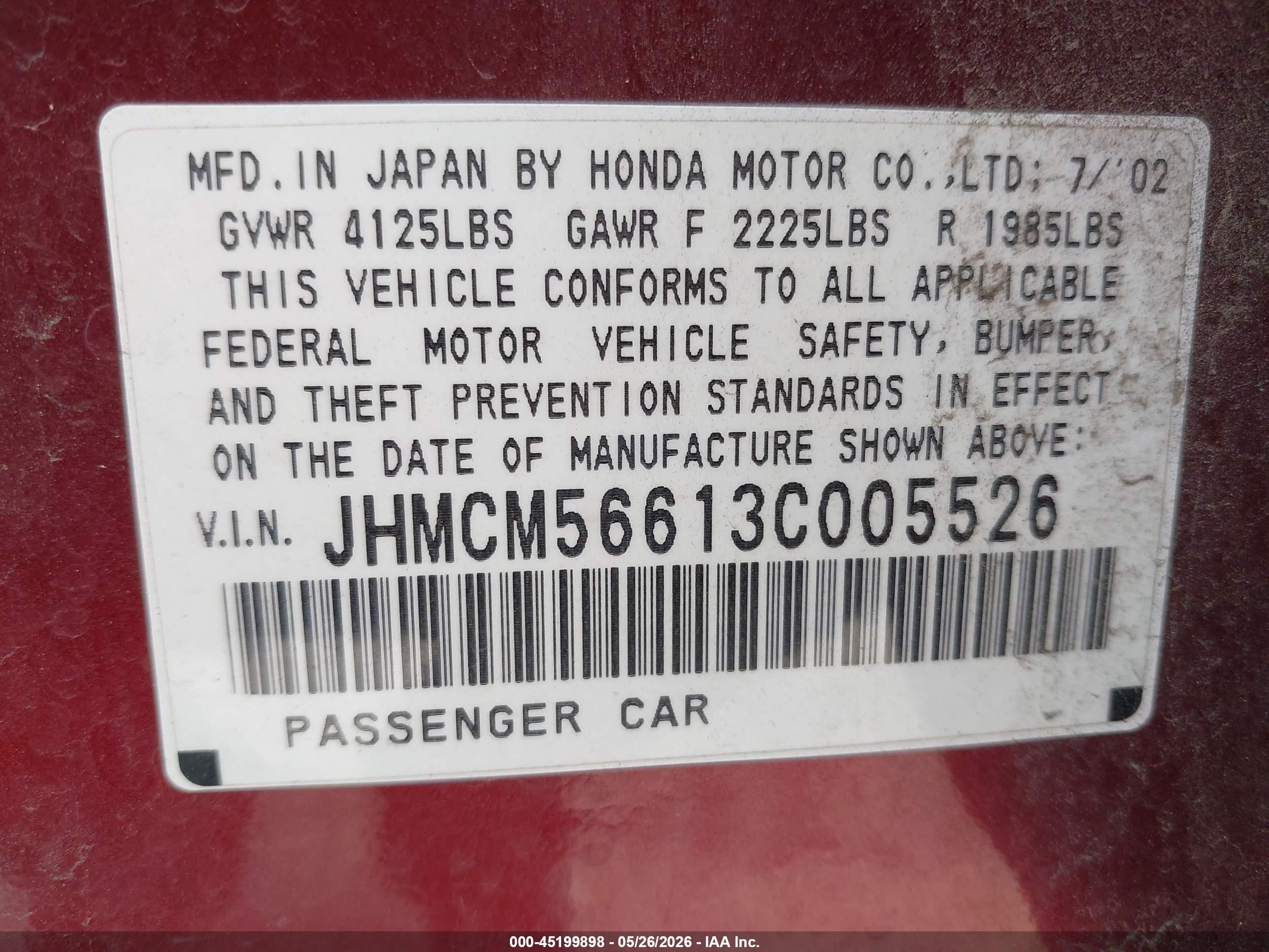 2003 Honda Accord 2.4 Ex Maroon vin: JHMCM56613C005526
