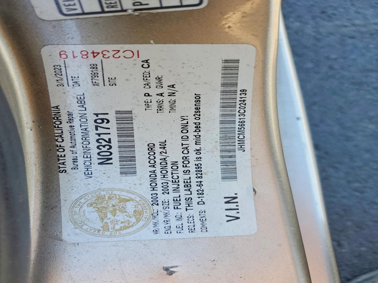 2003 Honda Accord Ex Gold vin: JHMCM56613C024139