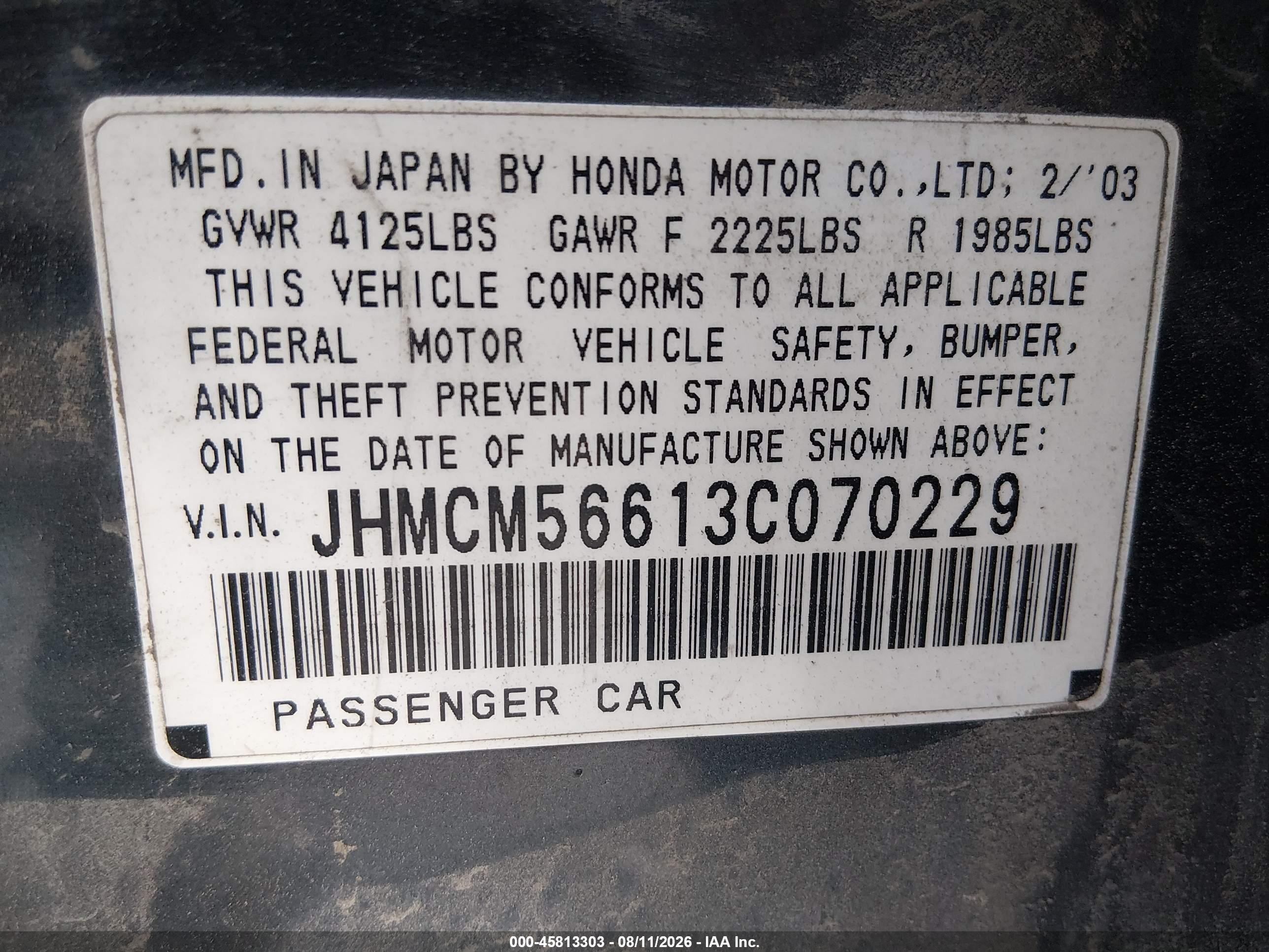 2003 Honda Accord 2.4 Ex Серый vin: JHMCM56613C070229