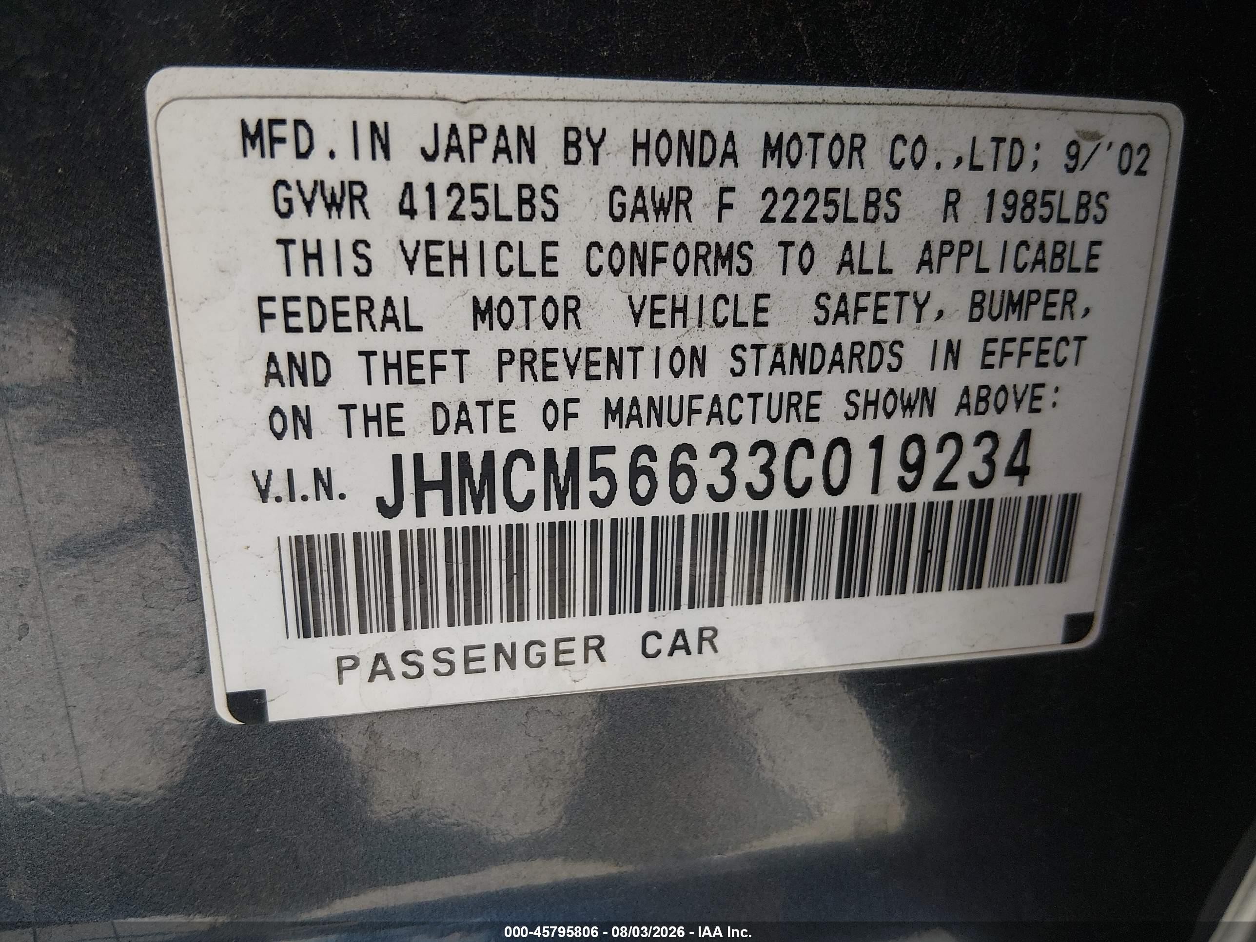 2003 Honda Accord 2.4 Ex Gray vin: JHMCM56633C019234