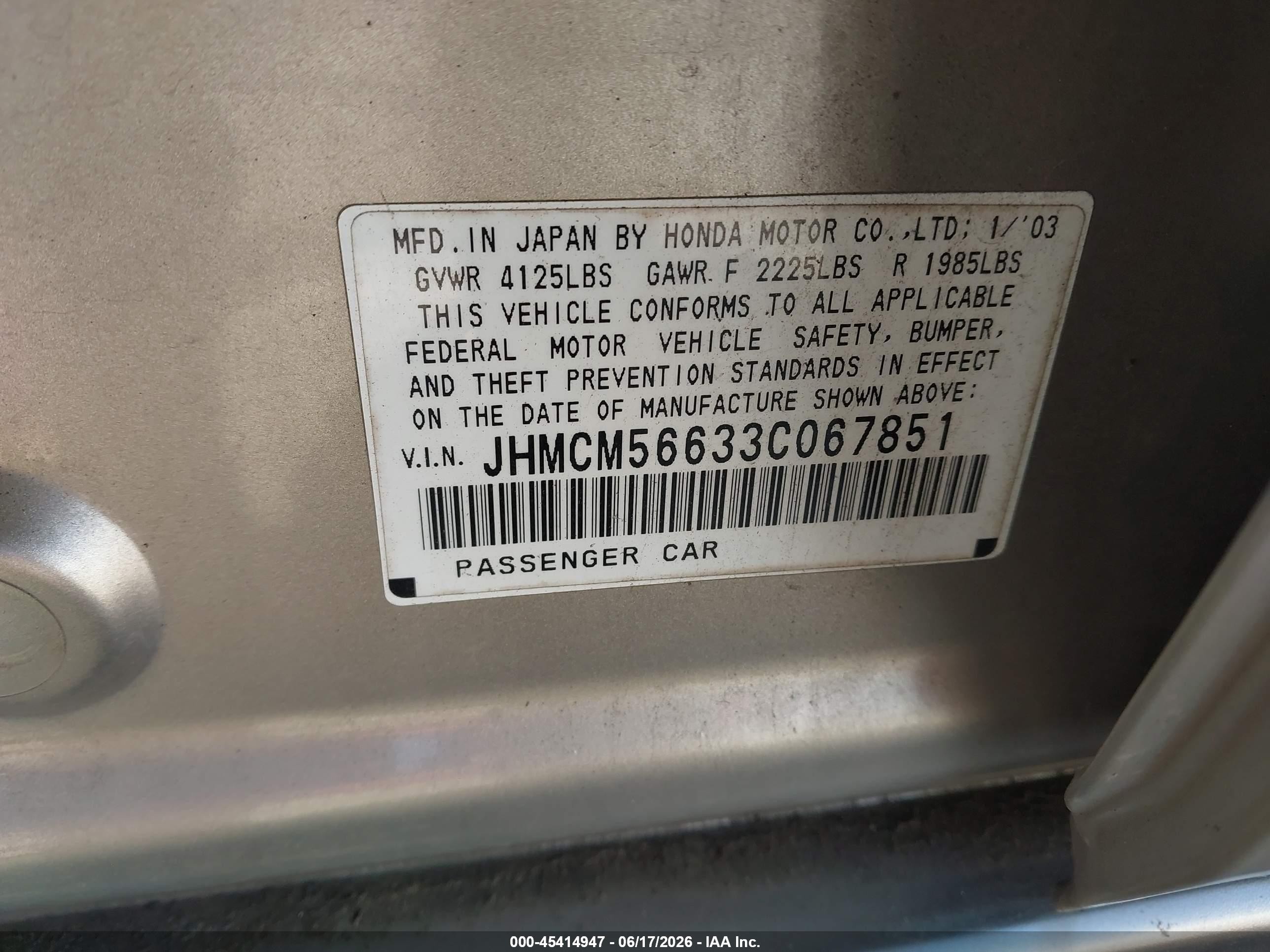 2003 Honda Accord 2.4 Ex Gold vin: JHMCM56633C067851
