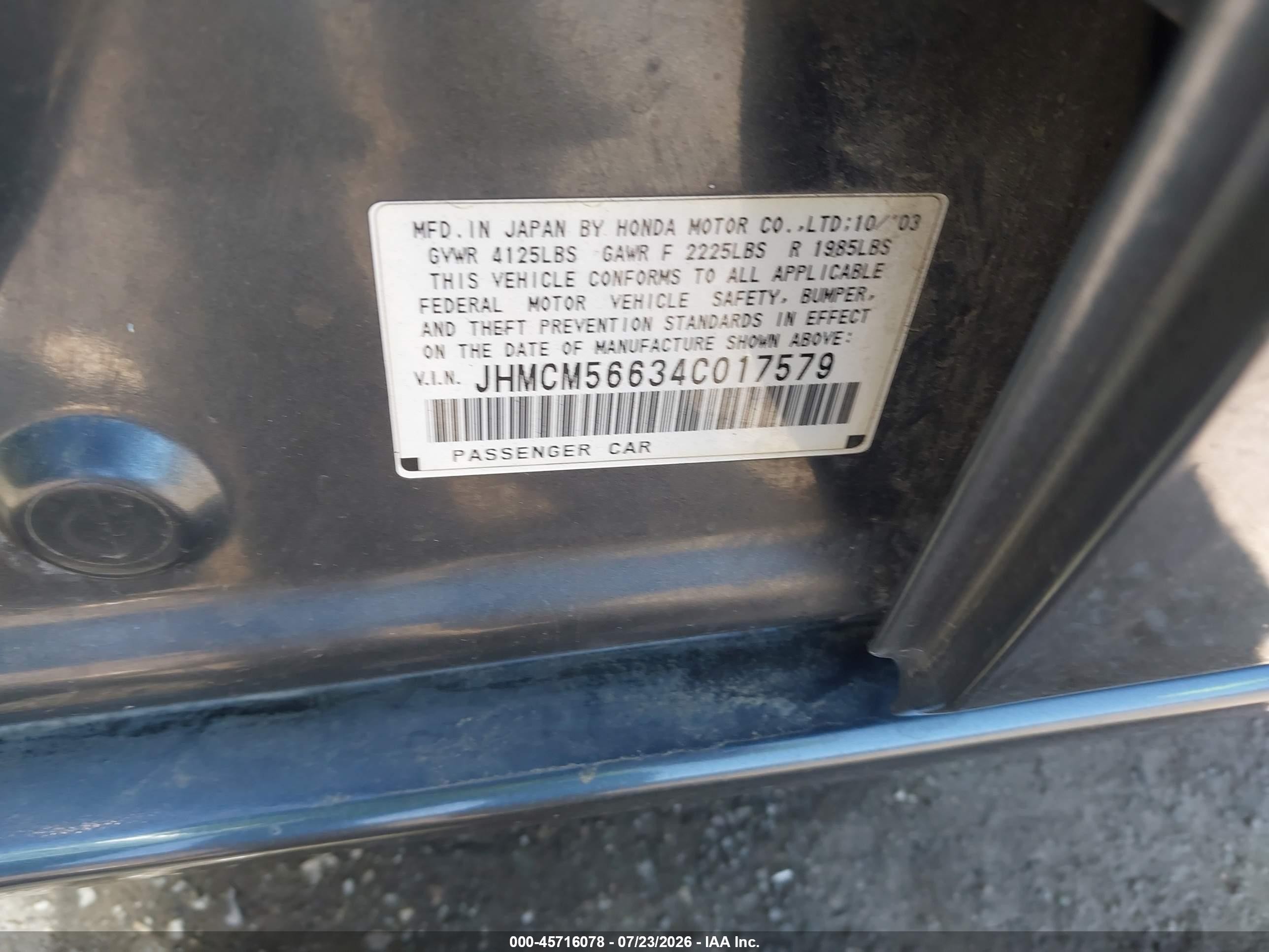 2004 Honda Accord 2.4 Ex Gray vin: JHMCM56634C017579