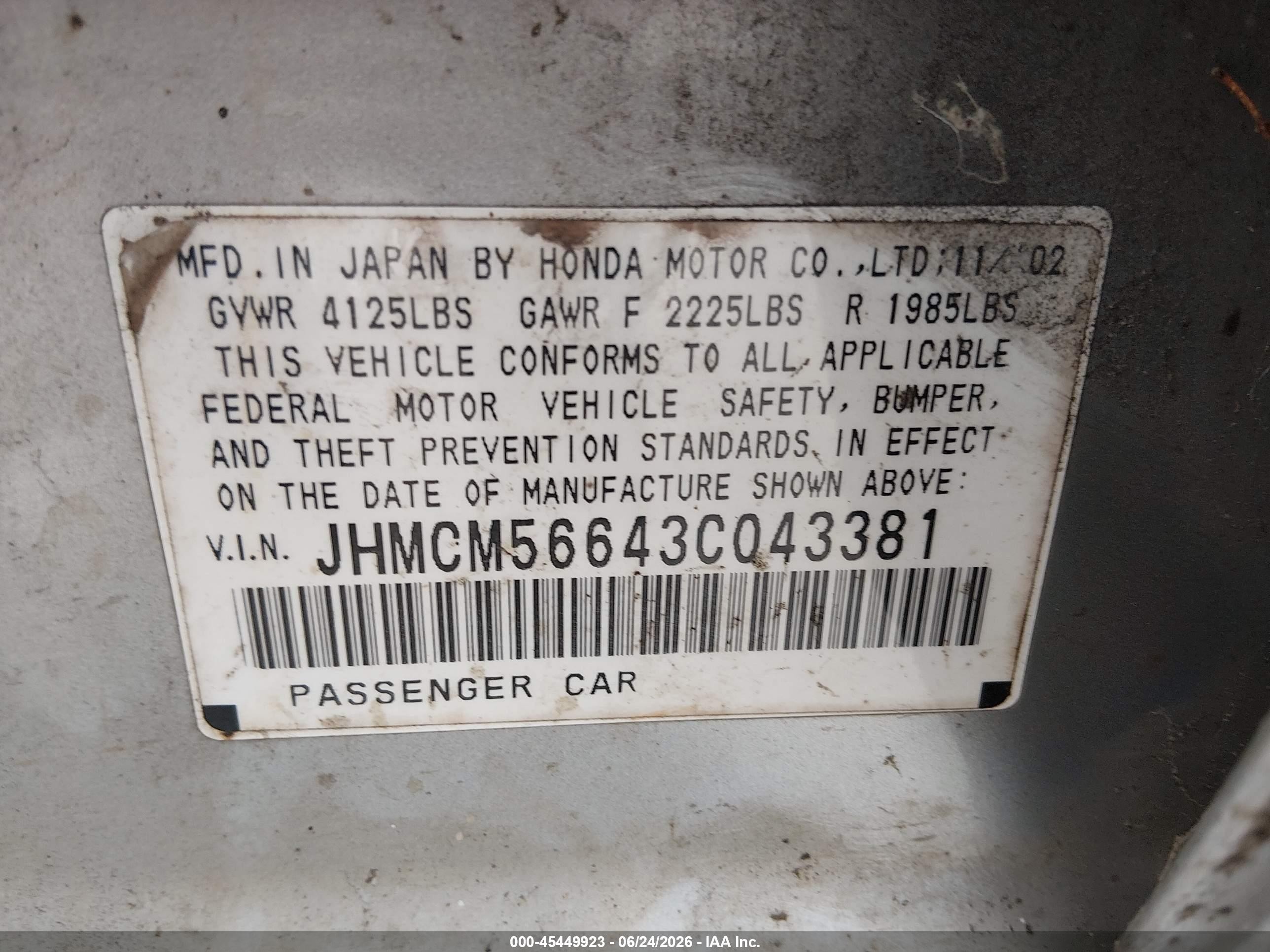 2003 Honda Accord 2.4 Ex/ex Silver vin: JHMCM56643C043381