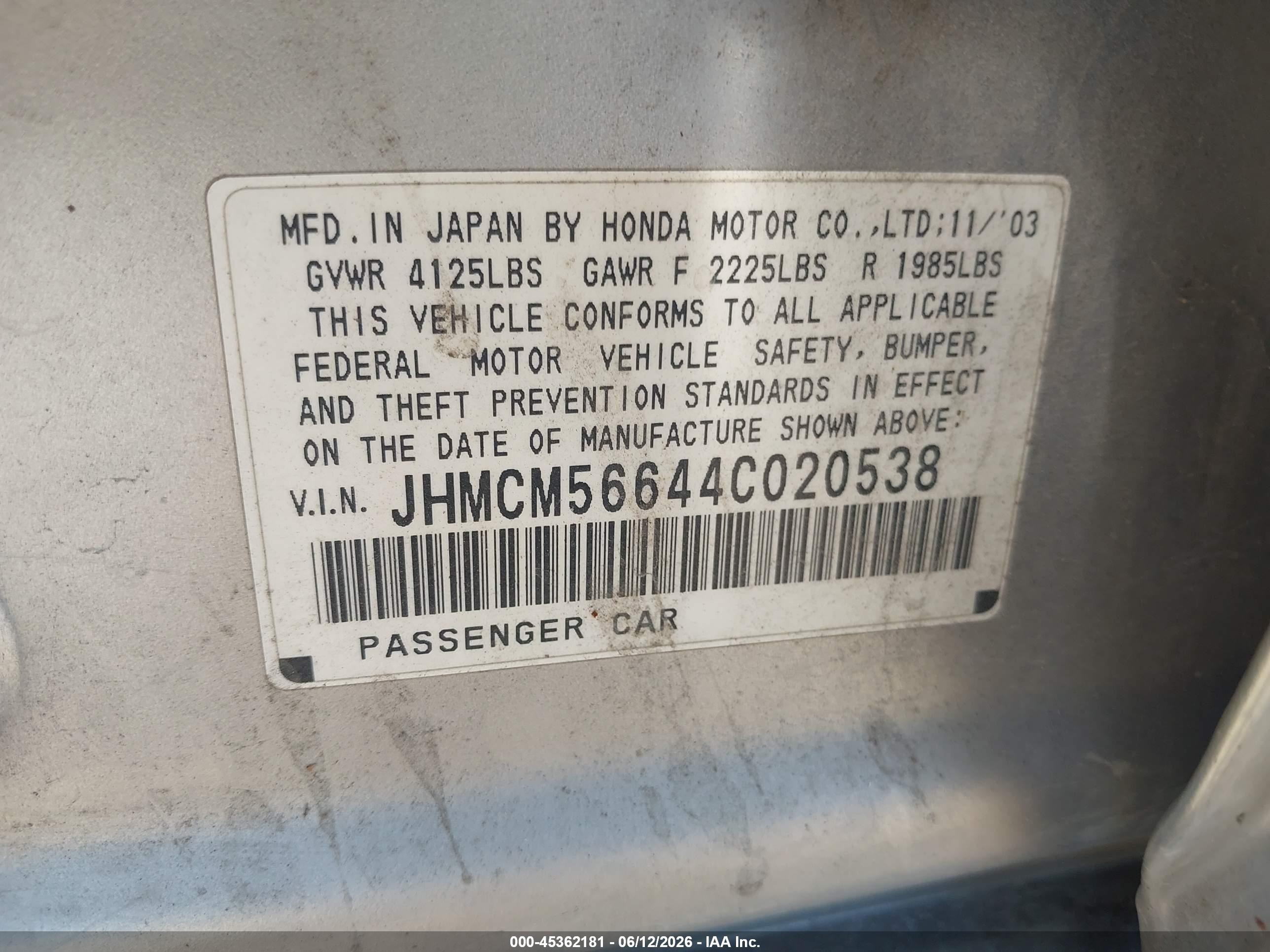2004 Honda Accord 2.4 Ex Silver vin: JHMCM56644C020538