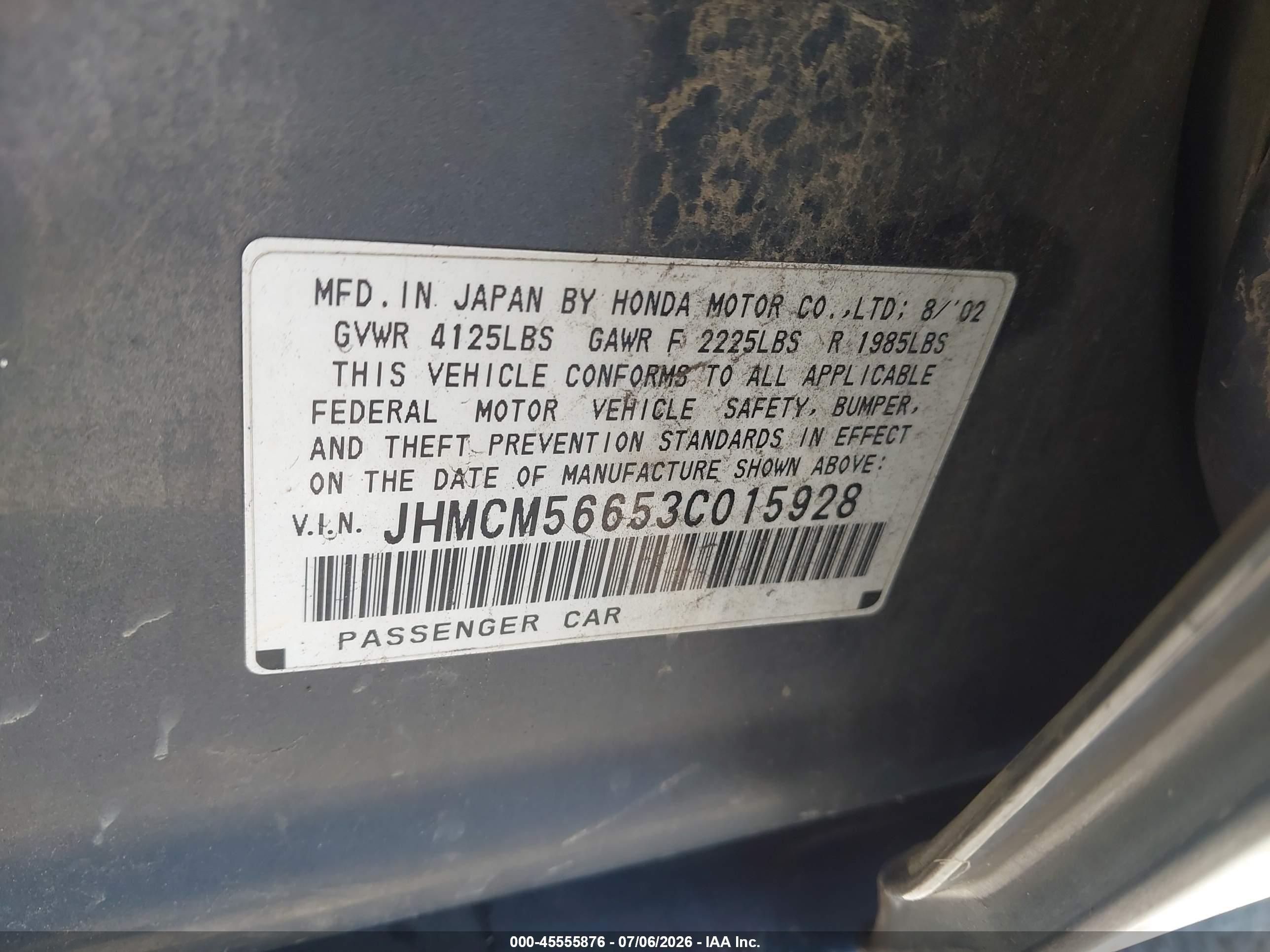2003 Honda Accord Sdn Ex Gray vin: JHMCM56653C015928