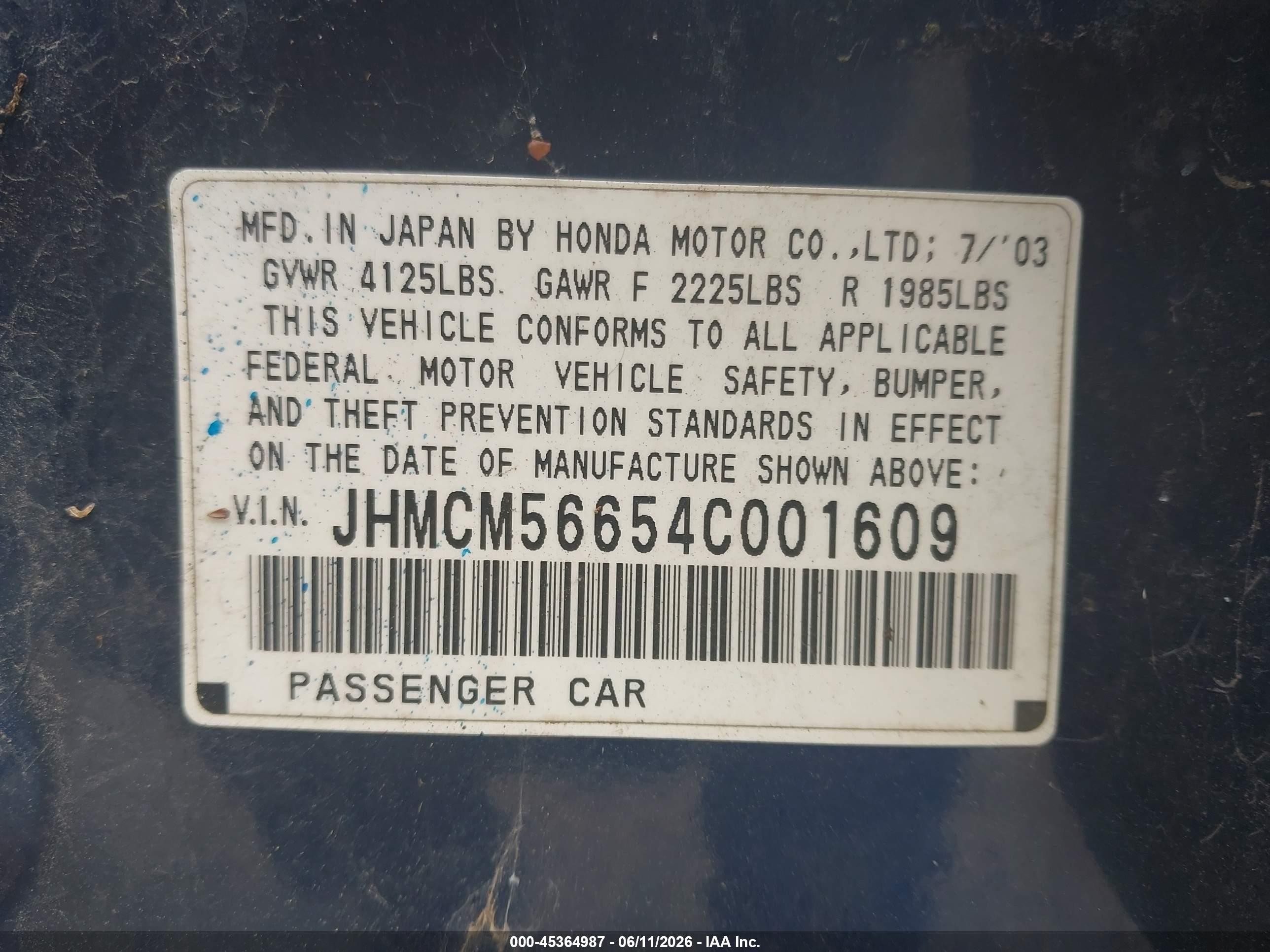 2004 Honda Accord 2.4 Ex Blue vin: JHMCM56654C001609