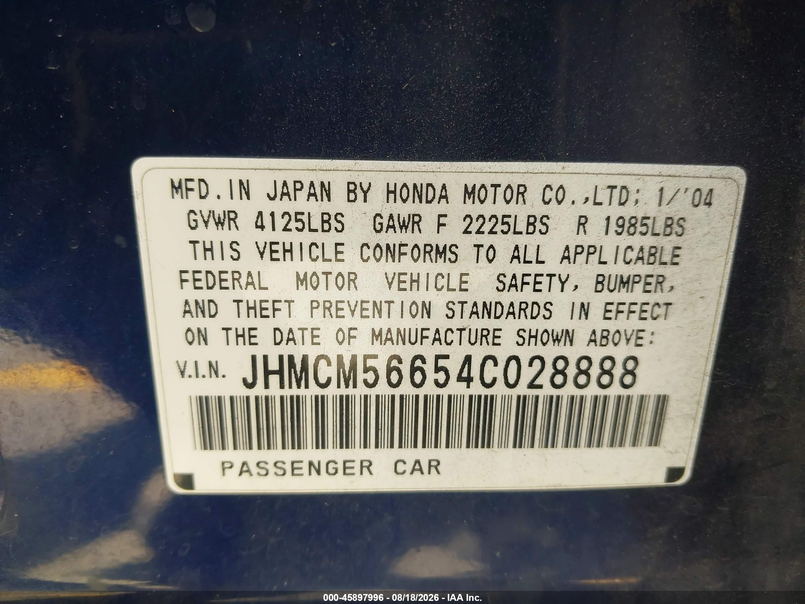 2004 Honda Accord 2.4 Ex Blue vin: JHMCM56654C028888