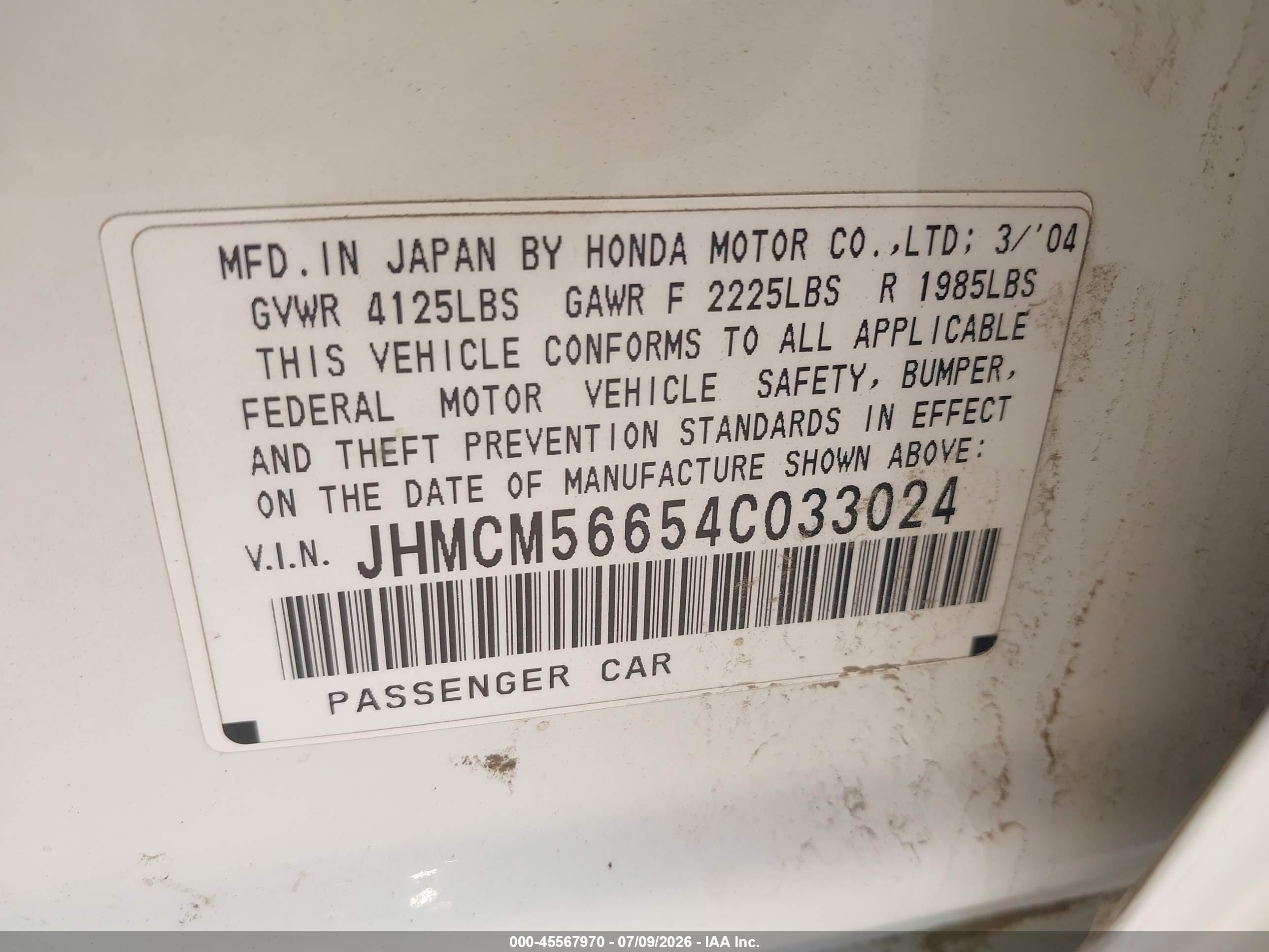 2004 Honda Accord 2.4 Ex White vin: JHMCM56654C033024