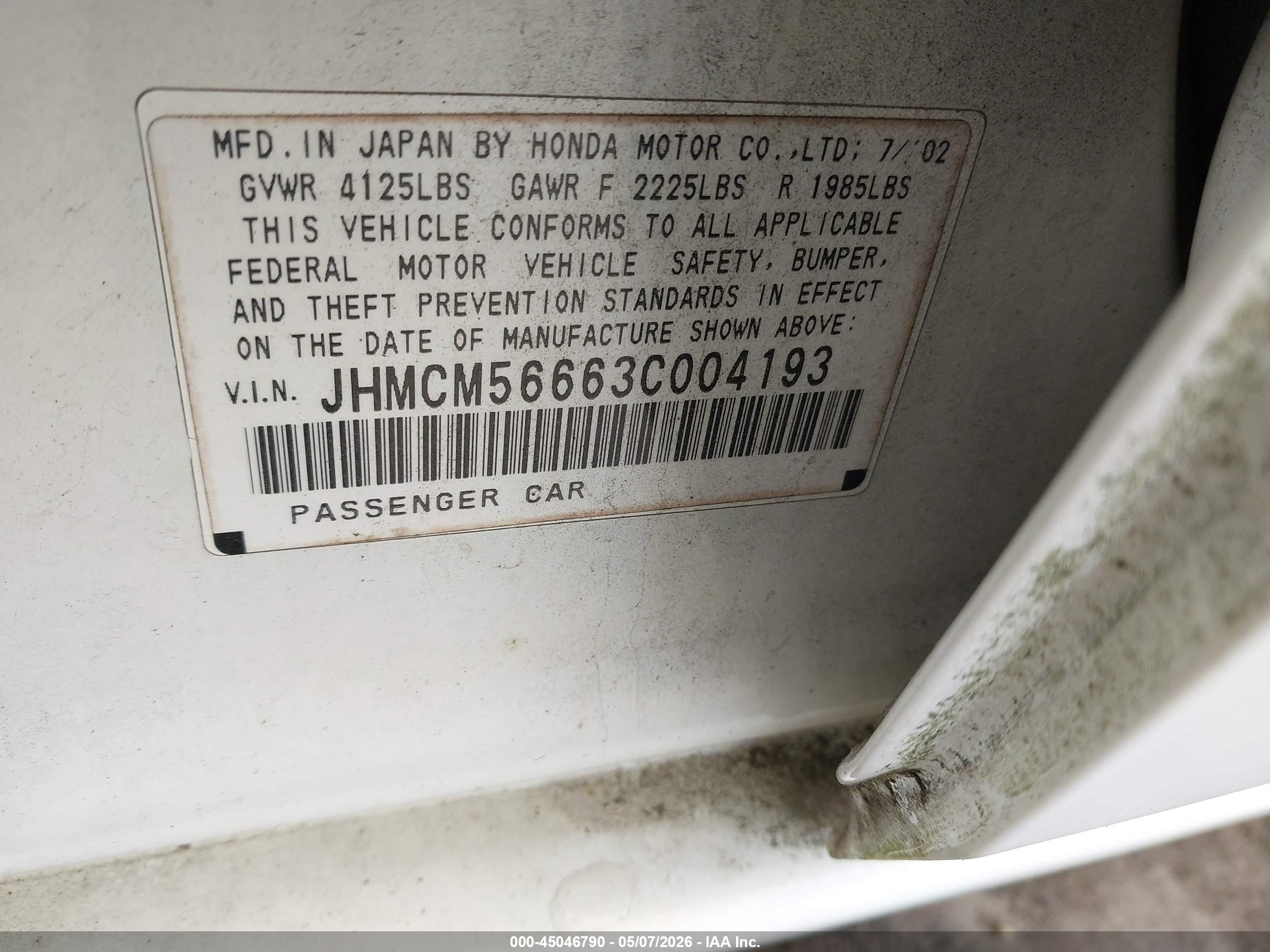 2003 Honda Accord 2.4 Ex White vin: JHMCM56663C004193