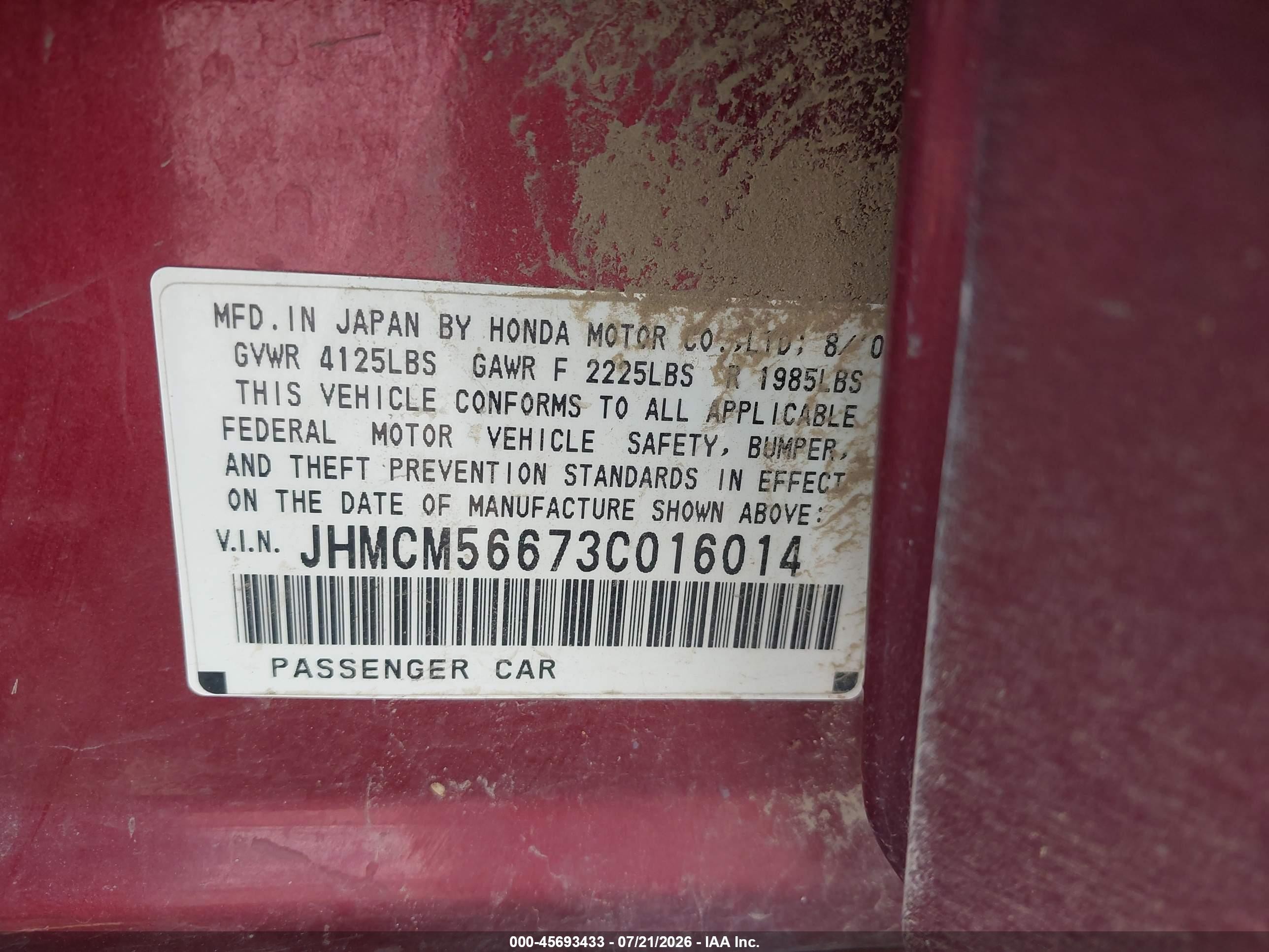 2003 Honda Accord Sdn Ex Red vin: JHMCM56673C016014