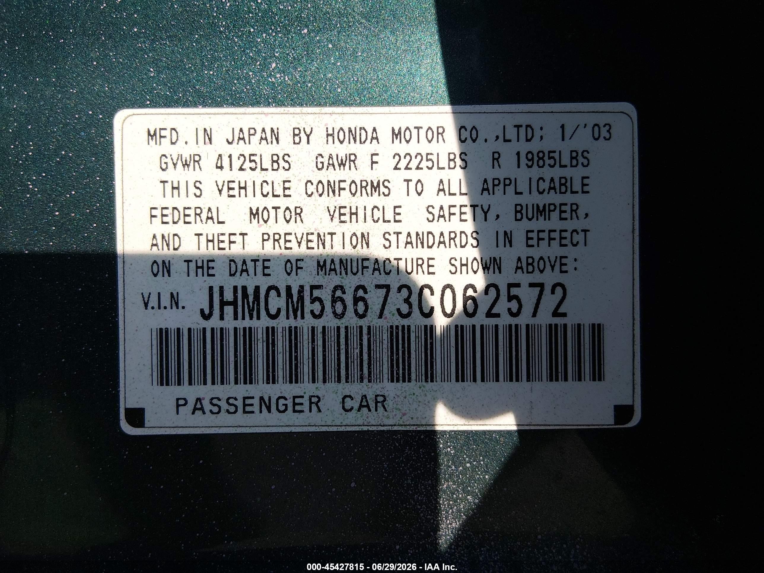 2003 Honda Accord 2.4 Ex Green vin: JHMCM56673C062572