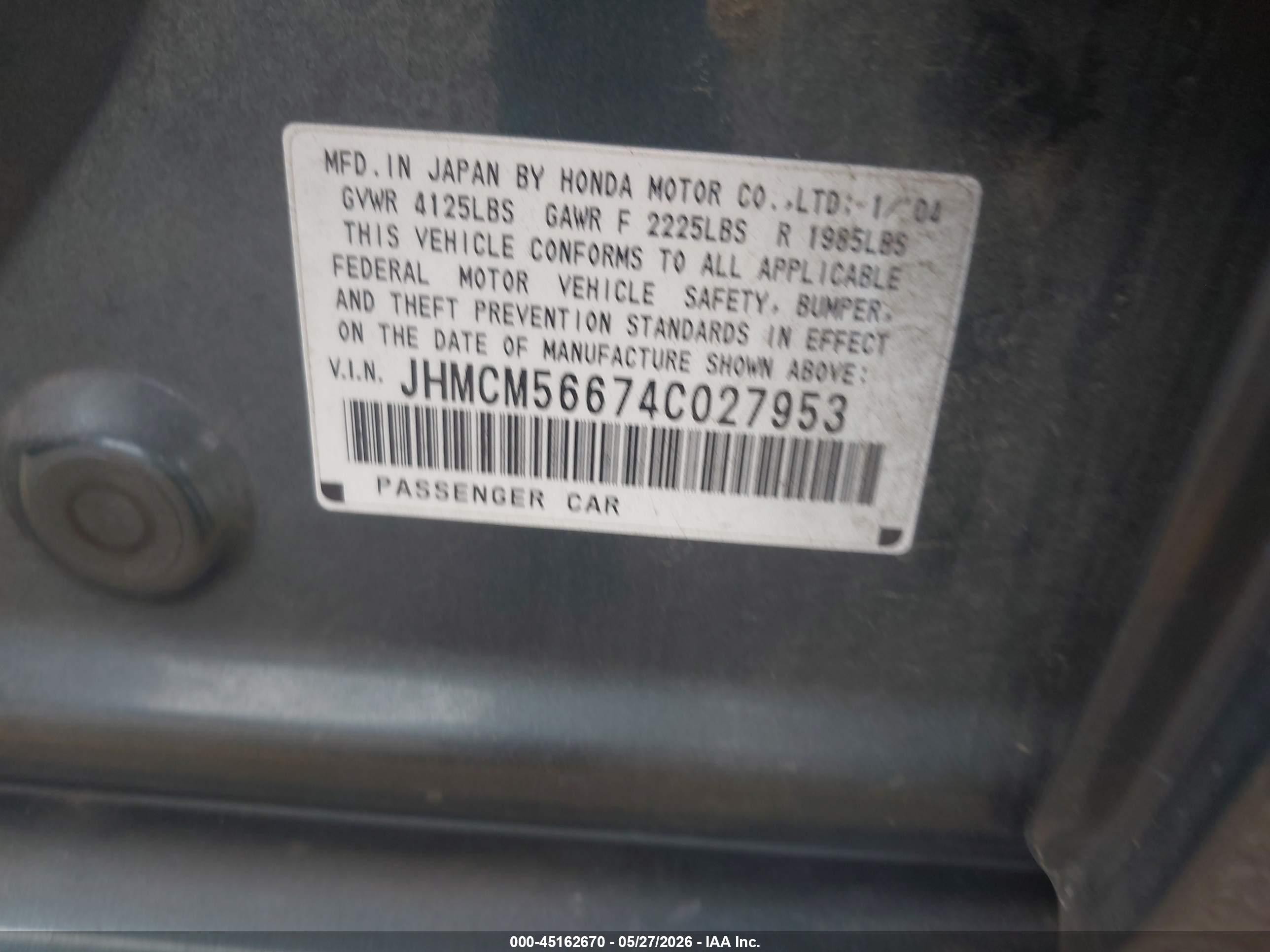 2004 Honda Accord 2.4 Ex Gray vin: JHMCM56674C027953