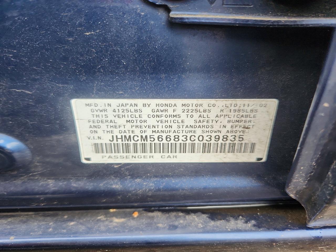 2003 Honda Accord Ex Blue vin: JHMCM56683C039835