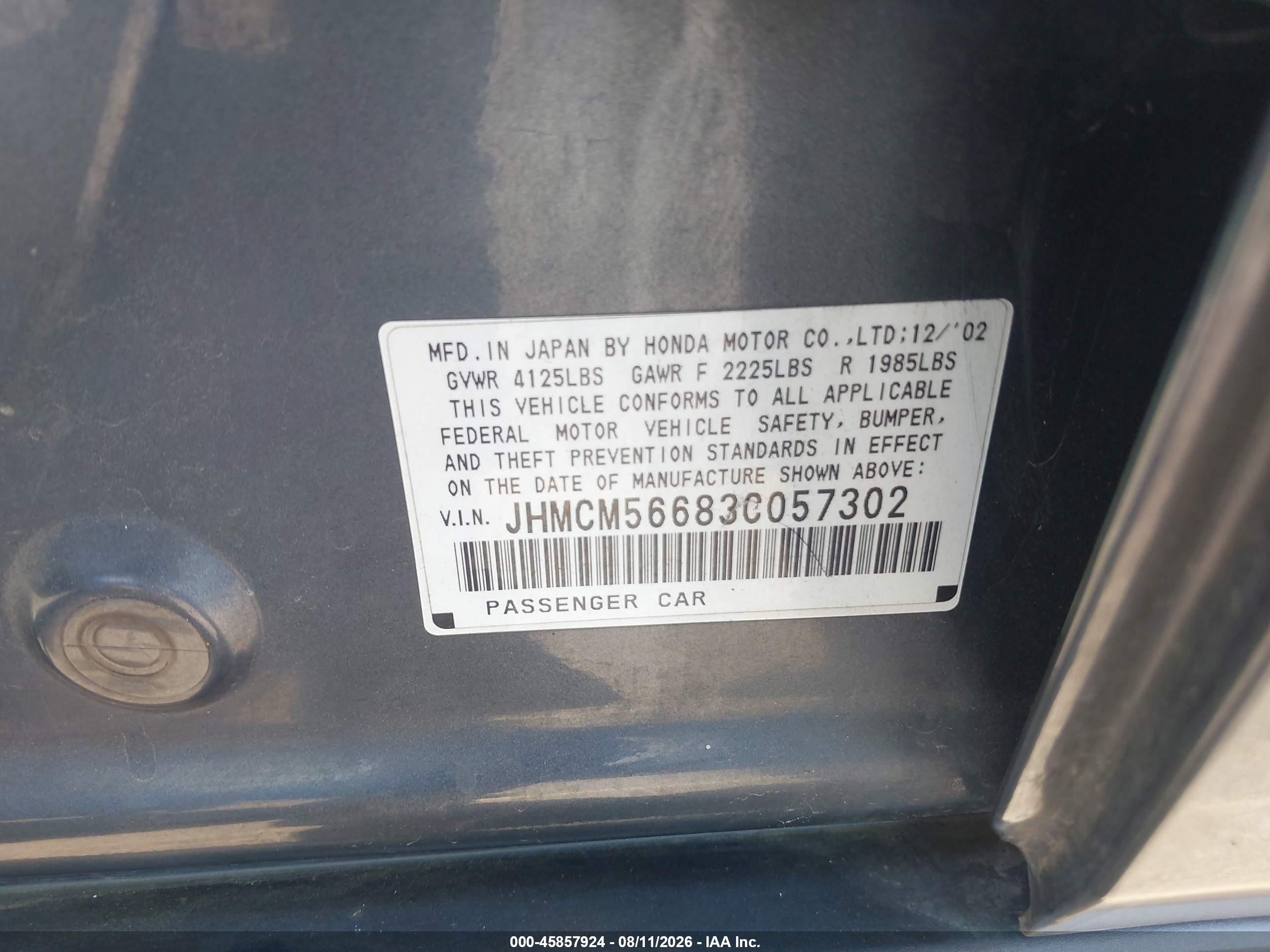 2003 Honda Accord 2.4 Ex Gray vin: JHMCM56683C057302