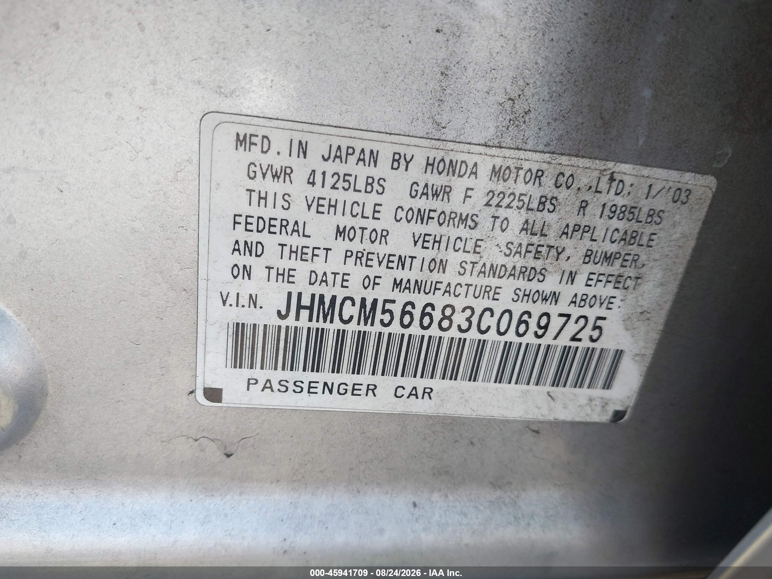 2003 Honda Accord 2.4 Ex Silver vin: JHMCM56683C069725