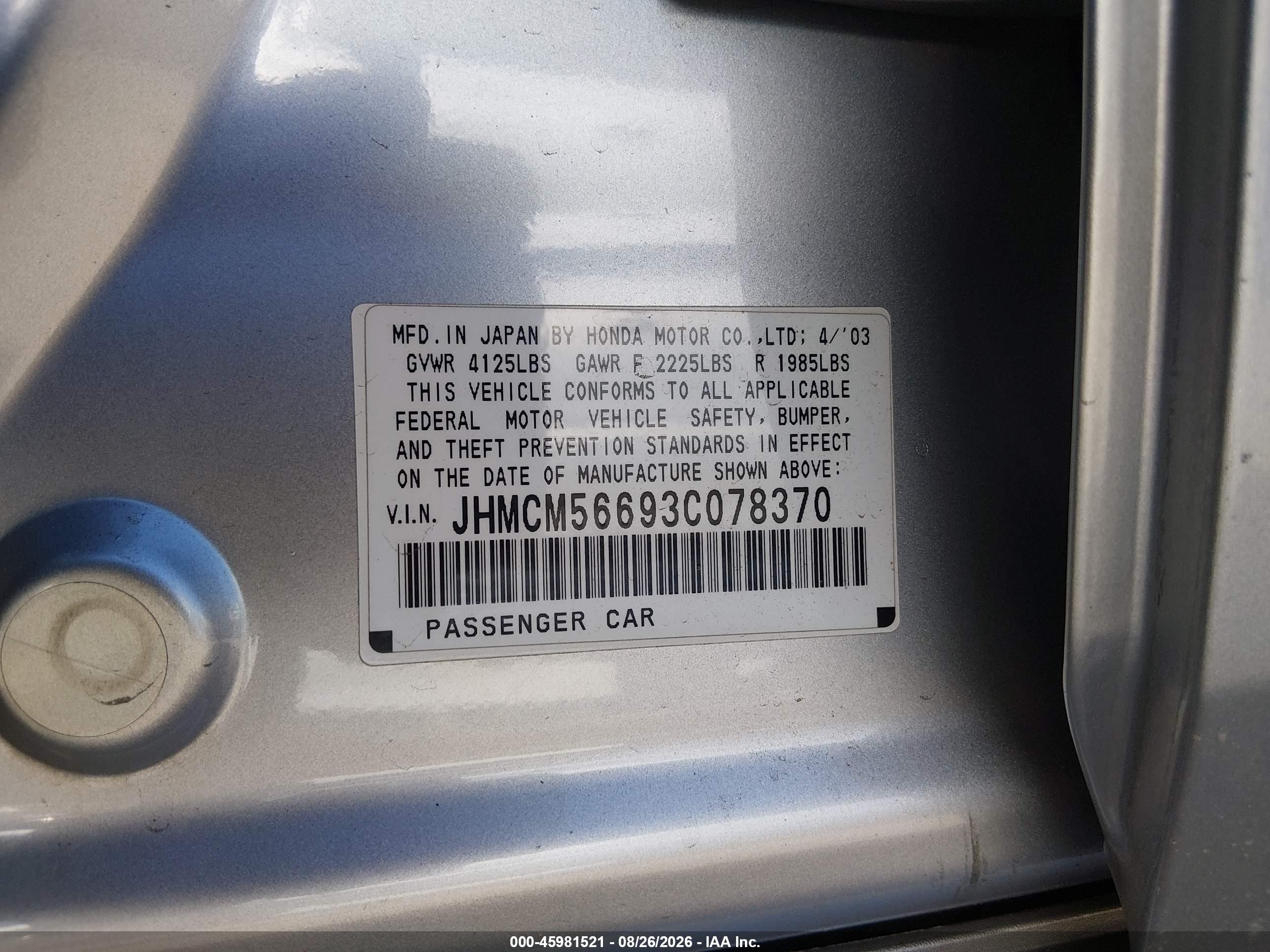 2003 Honda Accord 2.4 Ex Silver vin: JHMCM56693C078370