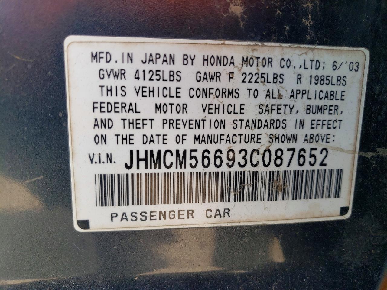 2003 Honda Accord Ex Blue vin: JHMCM56693C087652