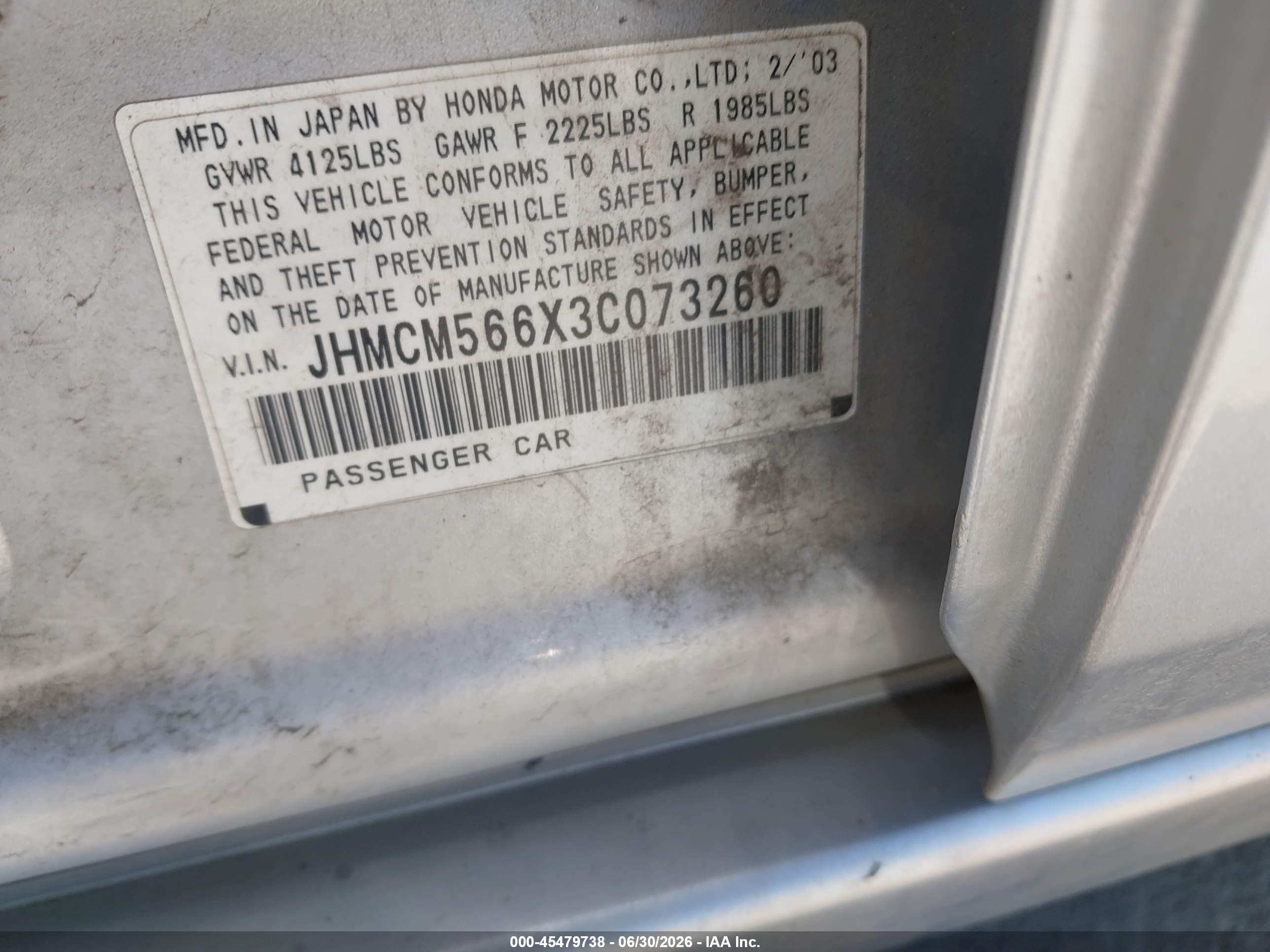 2003 Honda Accord Sdn Ex Silver vin: JHMCM566X3C073260