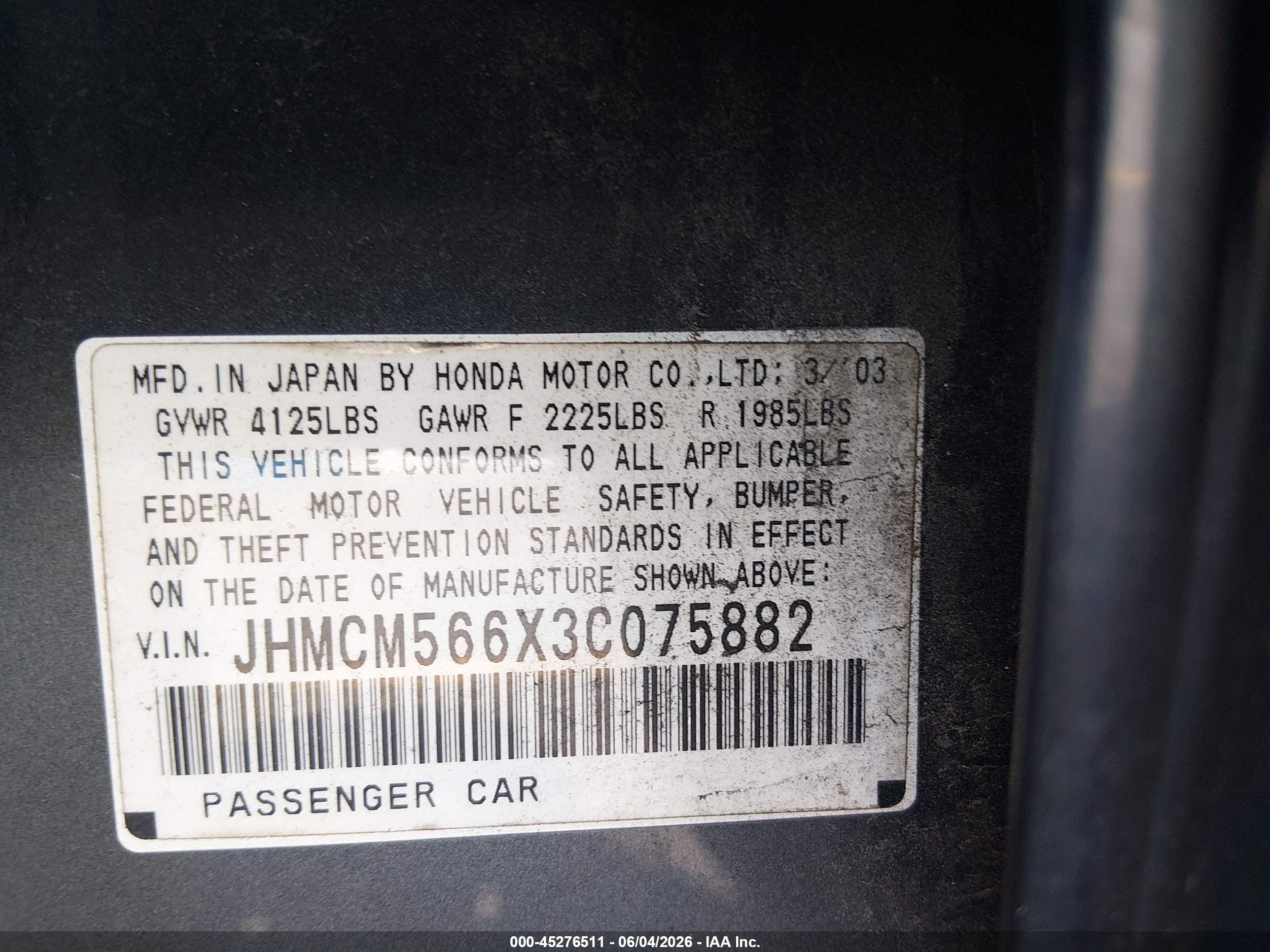 2003 Honda Accord 2.4 Ex Gray vin: JHMCM566X3C075882
