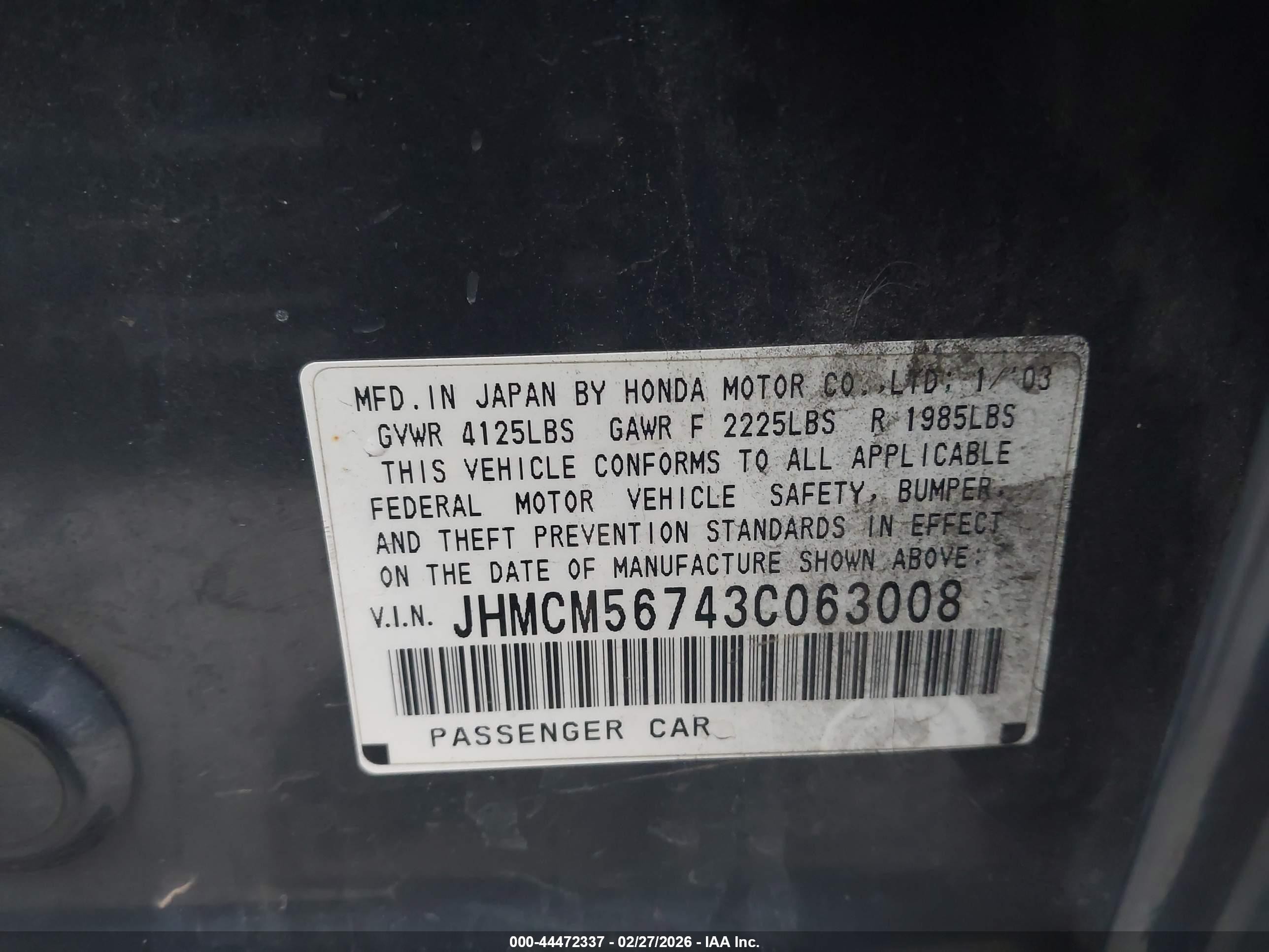 2003 Honda Accord 2.4 Ex Blue vin: JHMCM56743C063008