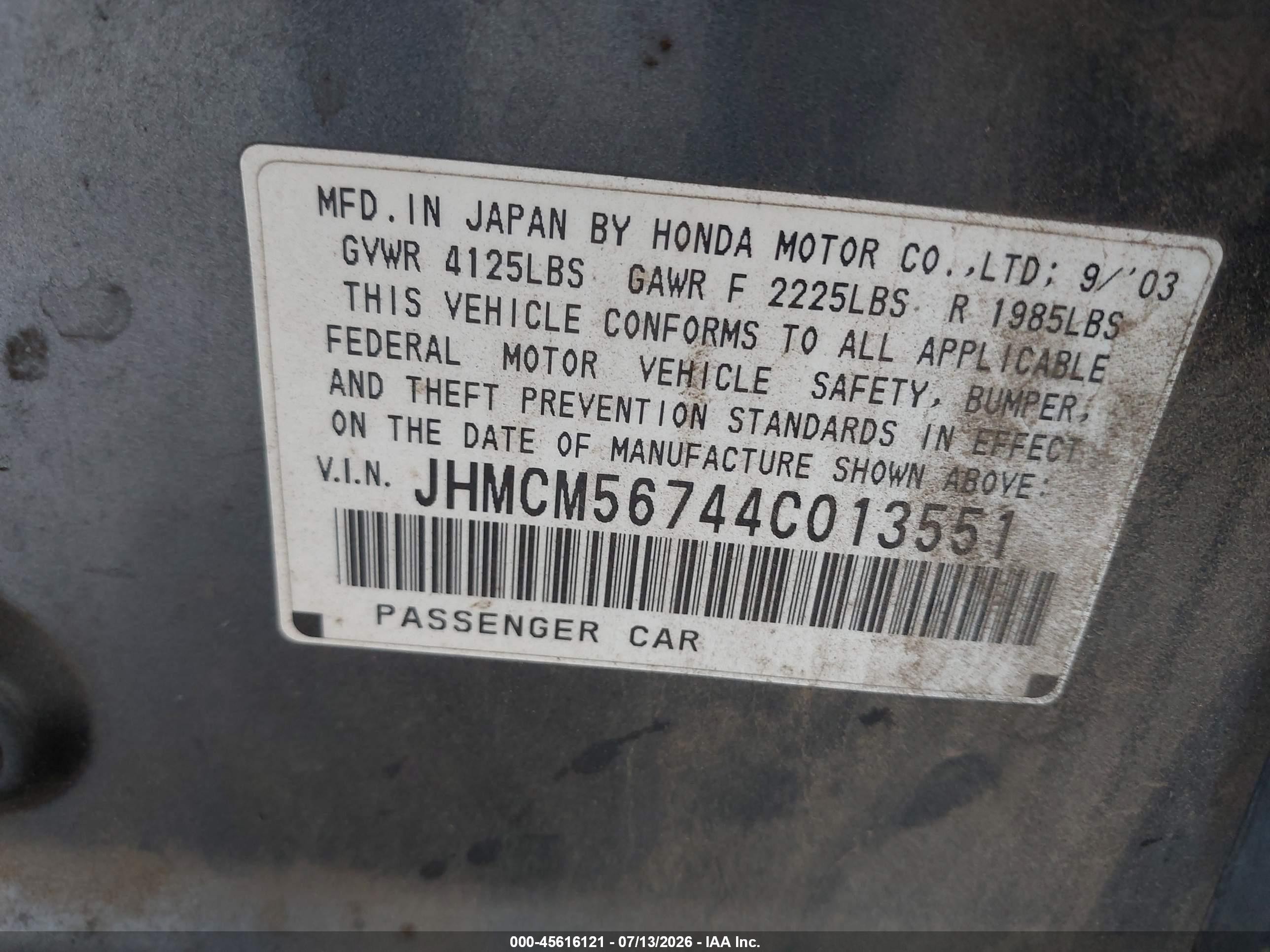 2004 Honda Accord 2.4 Ex Light Blue vin: JHMCM56744C013551