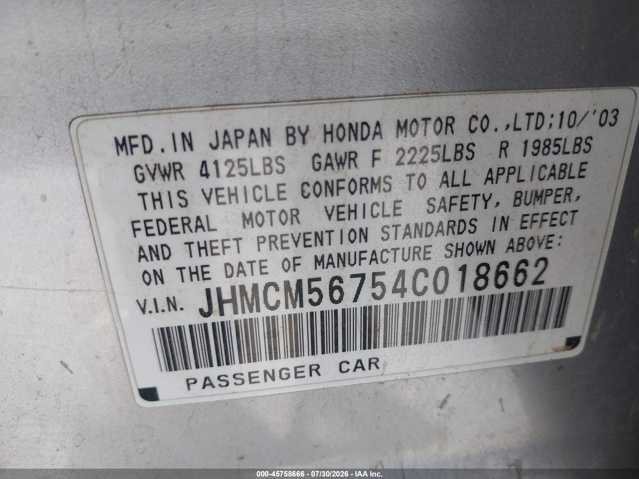 2004 Honda Accord 2.4 Ex Silver vin: JHMCM56754C018662