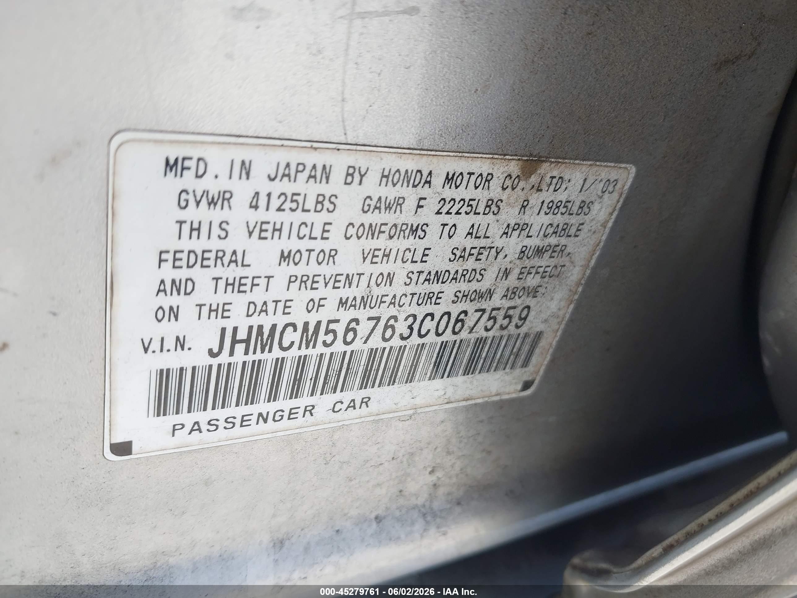 2003 Honda Accord 2.4 Ex Silver vin: JHMCM56763C067559