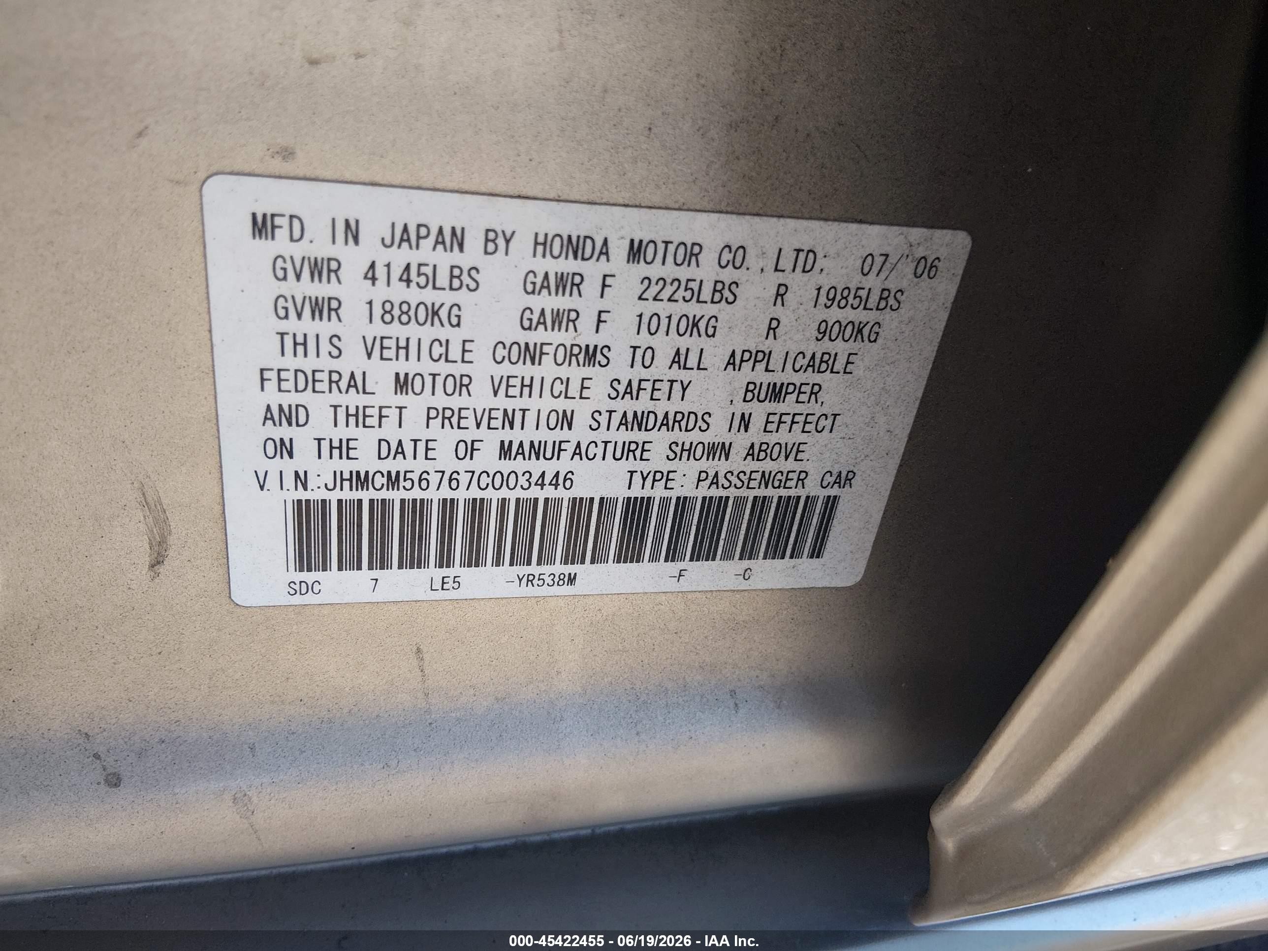 2007 Honda Accord 2.4 Ex Gold vin: JHMCM56767C003446