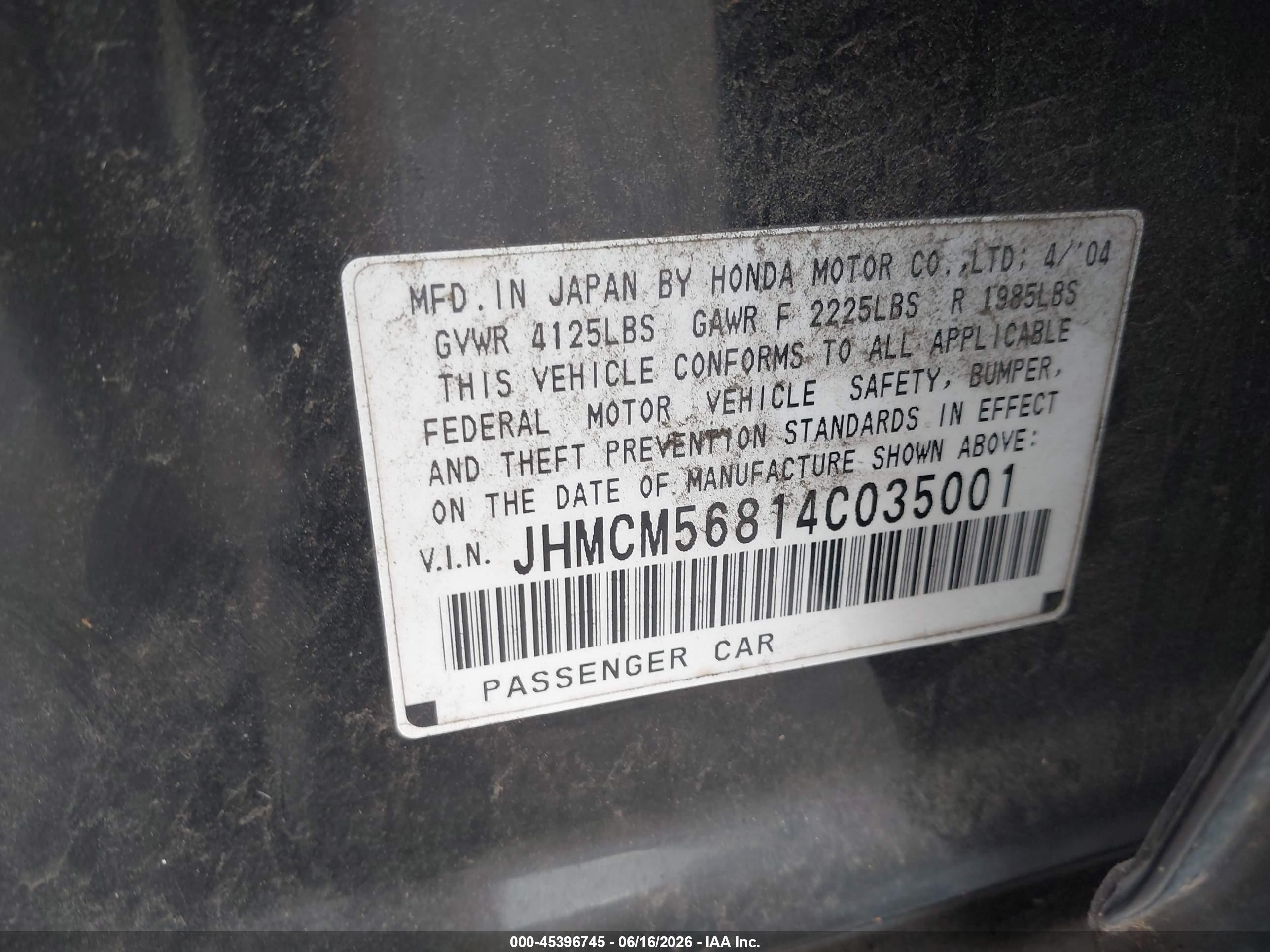 2004 Honda Accord 2.4 Ex Черный vin: JHMCM56814C035001
