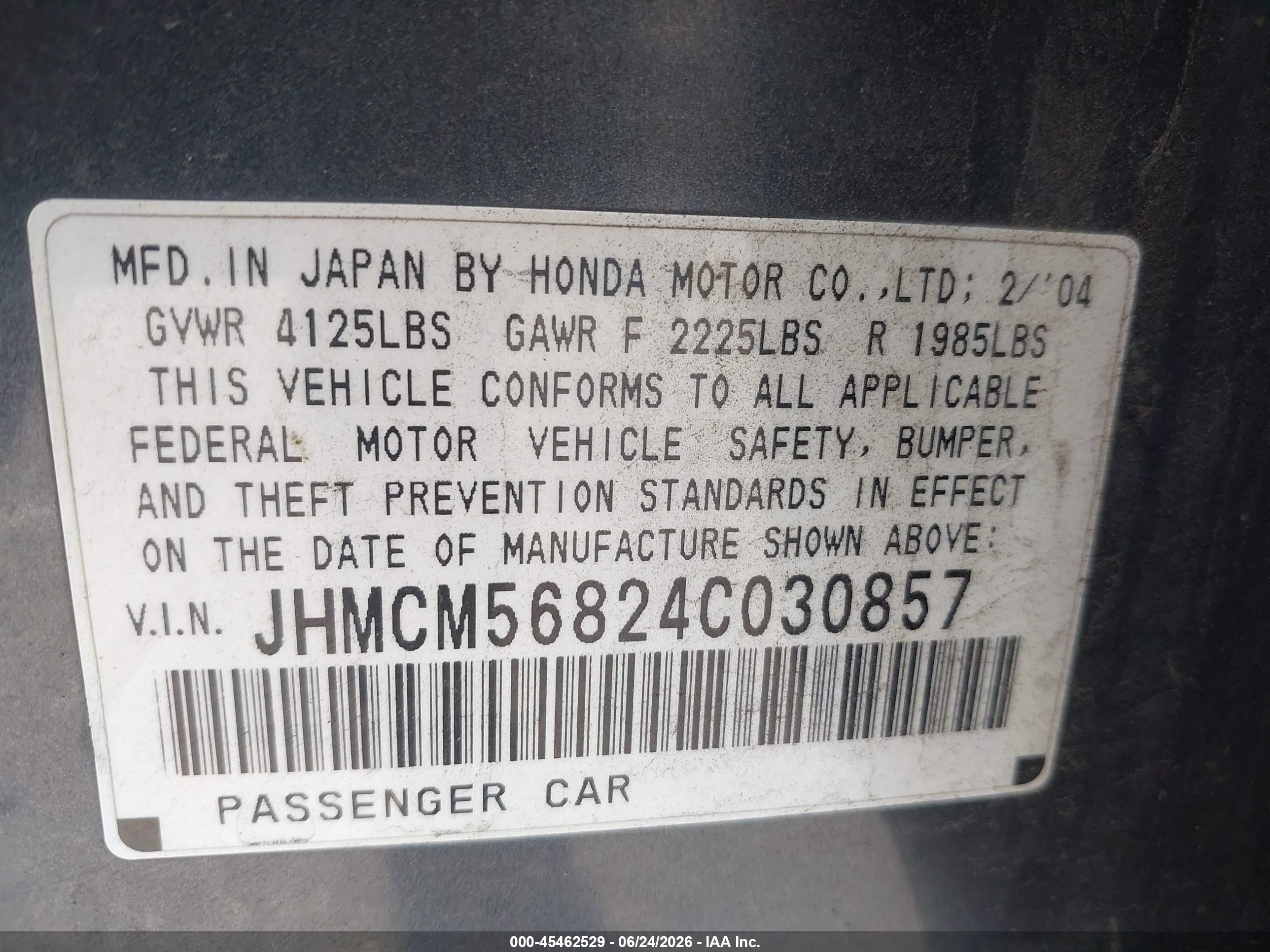 2004 Honda Accord 2.4 Ex Gray vin: JHMCM56824C030857