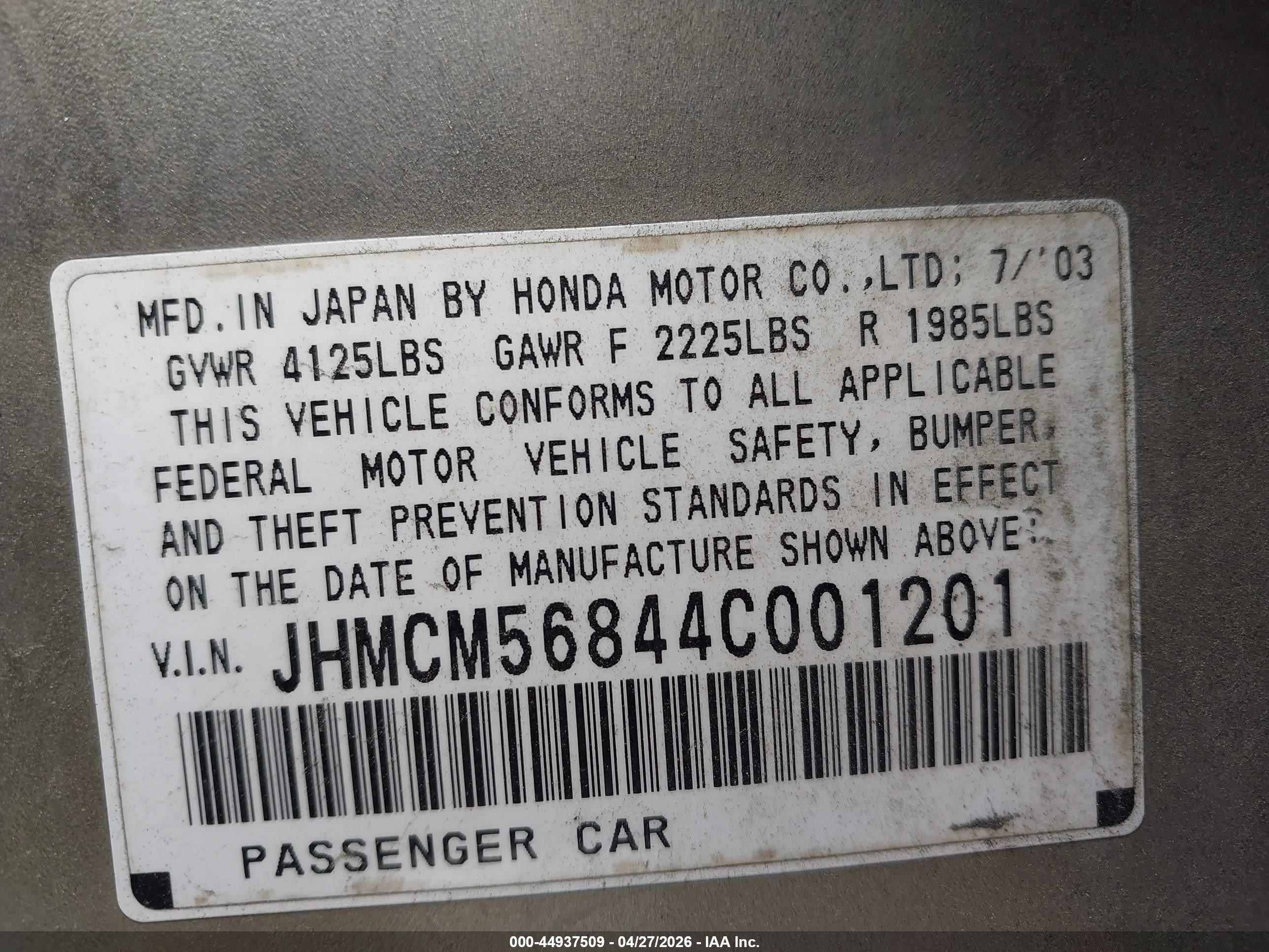2004 Honda Accord 2.4 Ex Gold vin: JHMCM56844C001201