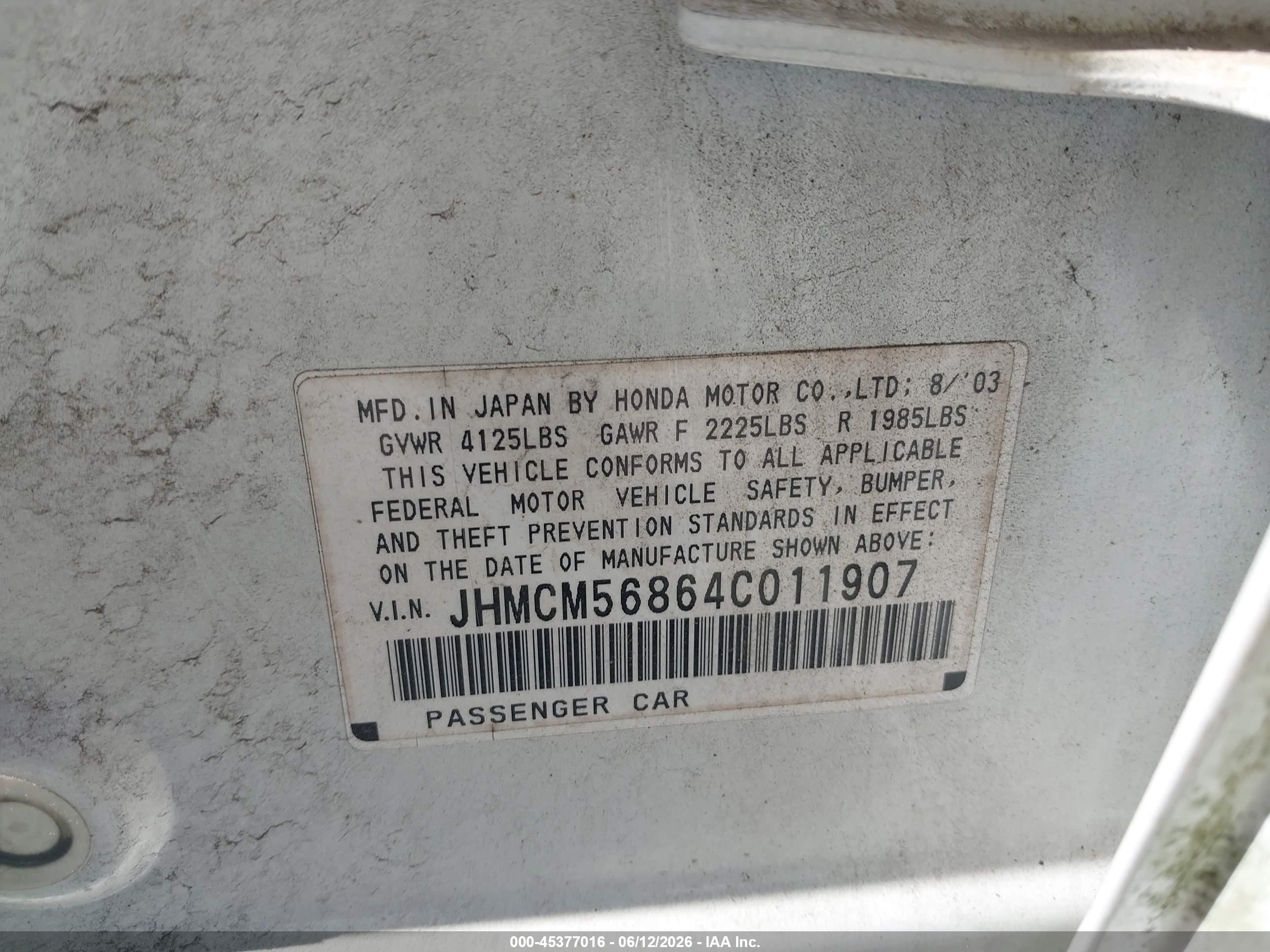 2004 Honda Accord 2.4 Ex Белый vin: JHMCM56864C011907