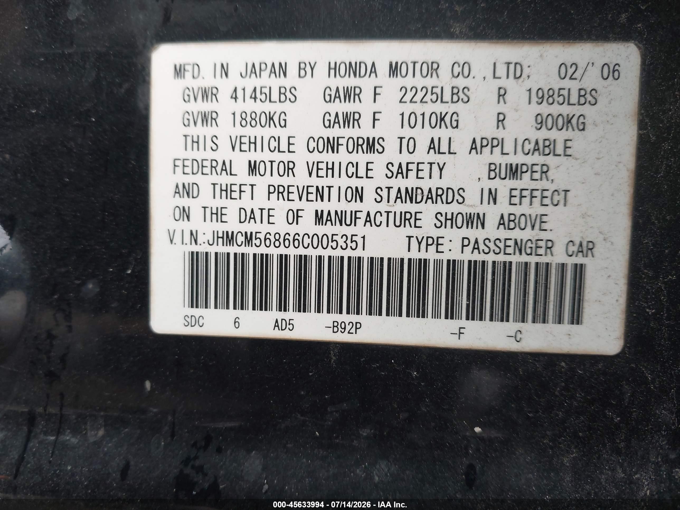 2006 Honda Accord 2.4 Ex Black vin: JHMCM56866C005351