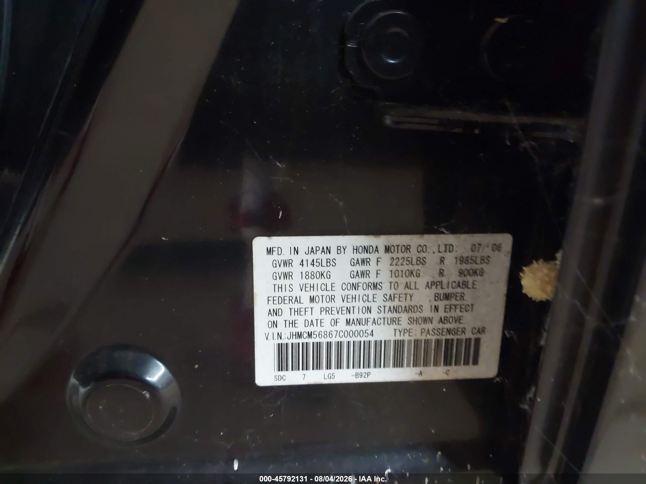 2007 Honda Accord 2.4 Ex Black vin: JHMCM56867C000054